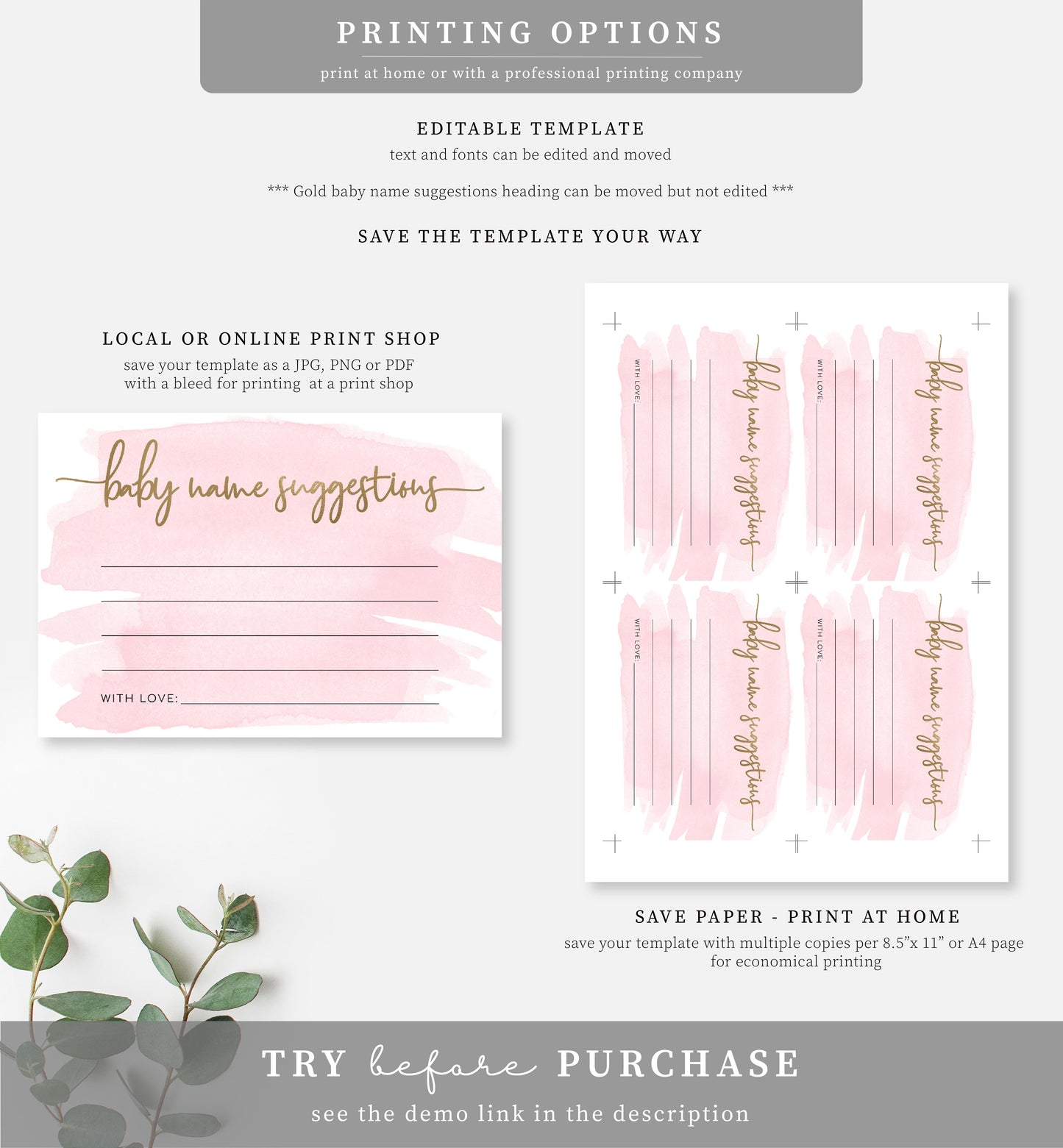 Watercolour Pink | Printable Baby Name Suggestion Game
