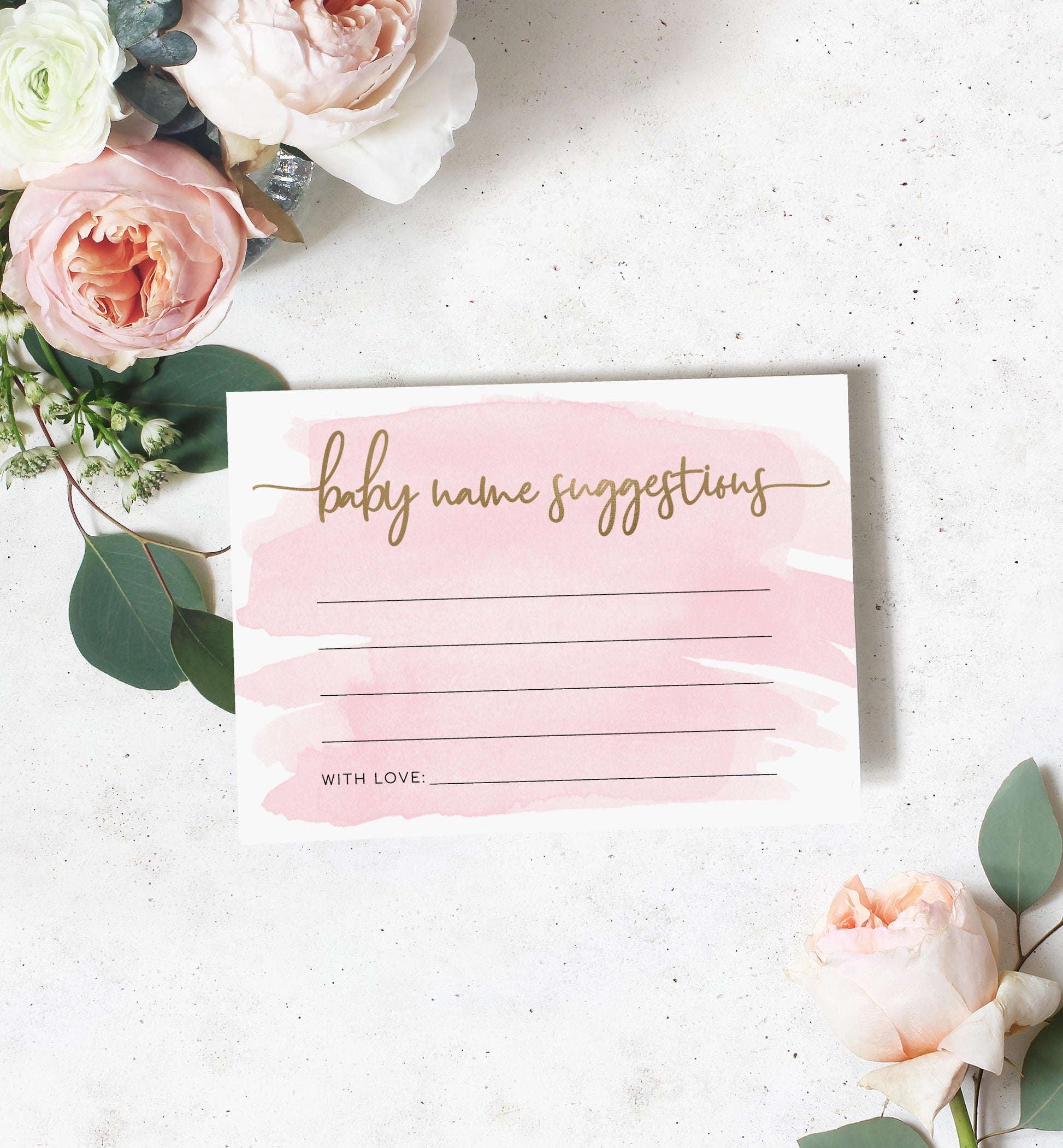 Baby Name Suggestions Card and Sign, Pink Watercolour Baby Name Ideas Game, Printable Girl Baby Shower Game