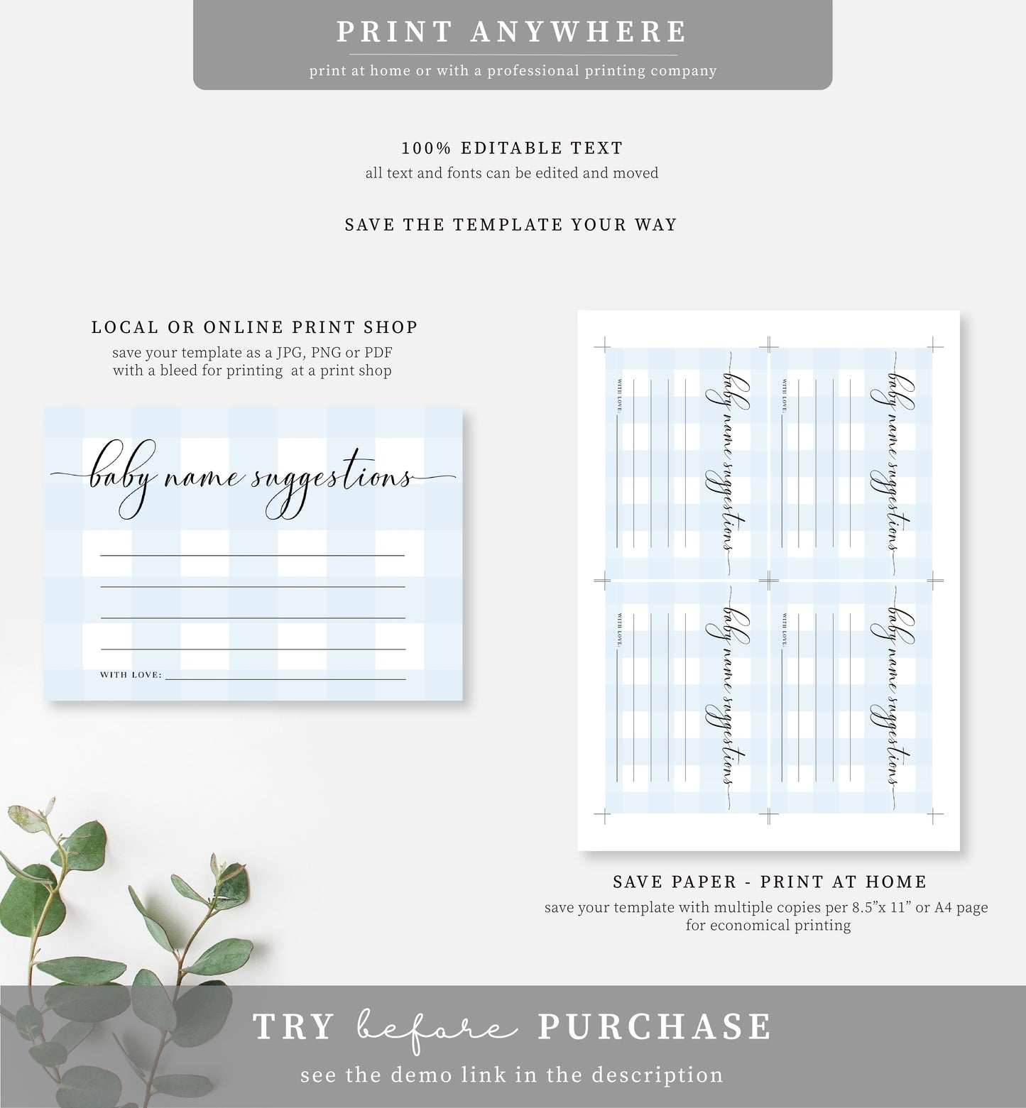 Gingham Blue | Printable Baby Name Suggestion Game Sign and Card Template