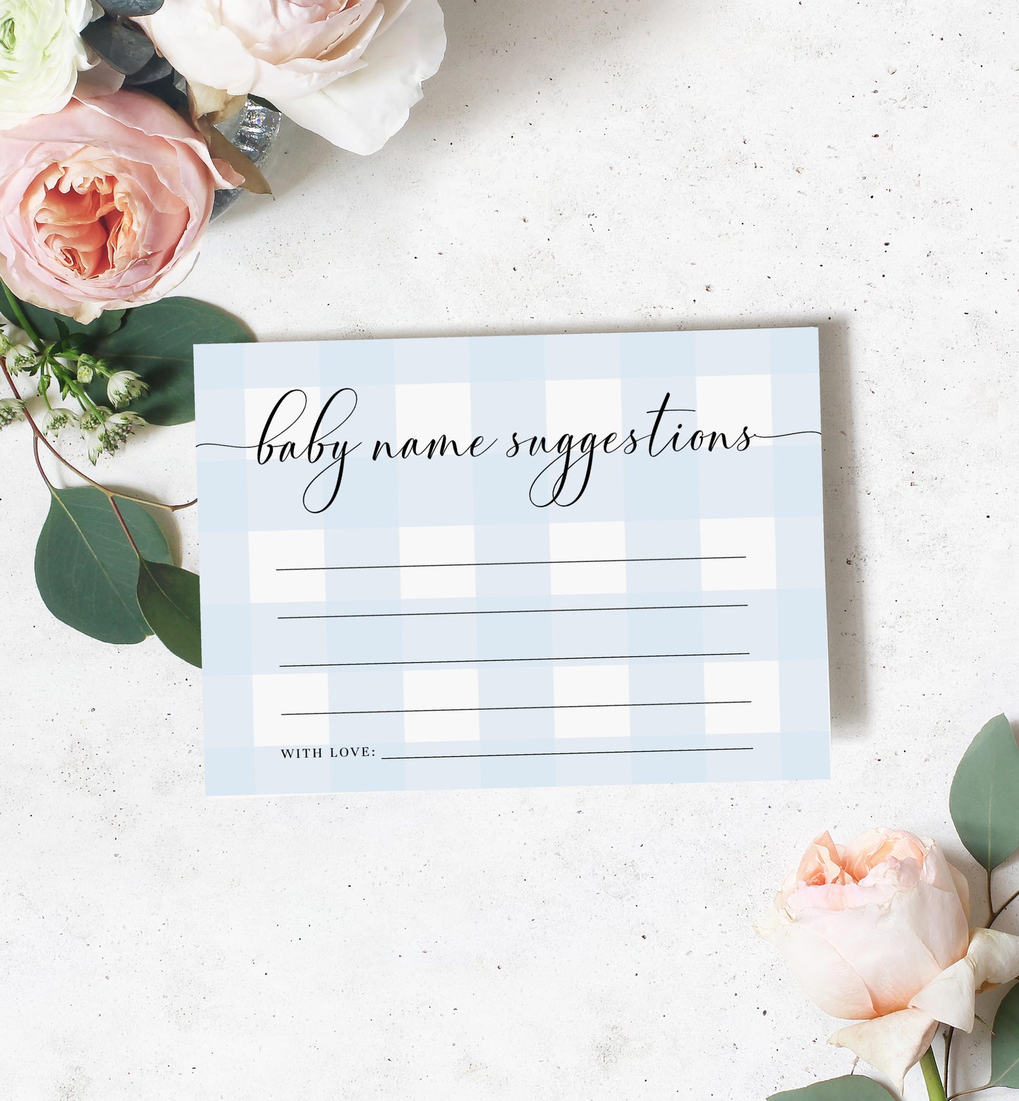 Gingham Blue | Printable Baby Name Suggestion Game Sign and Card Template