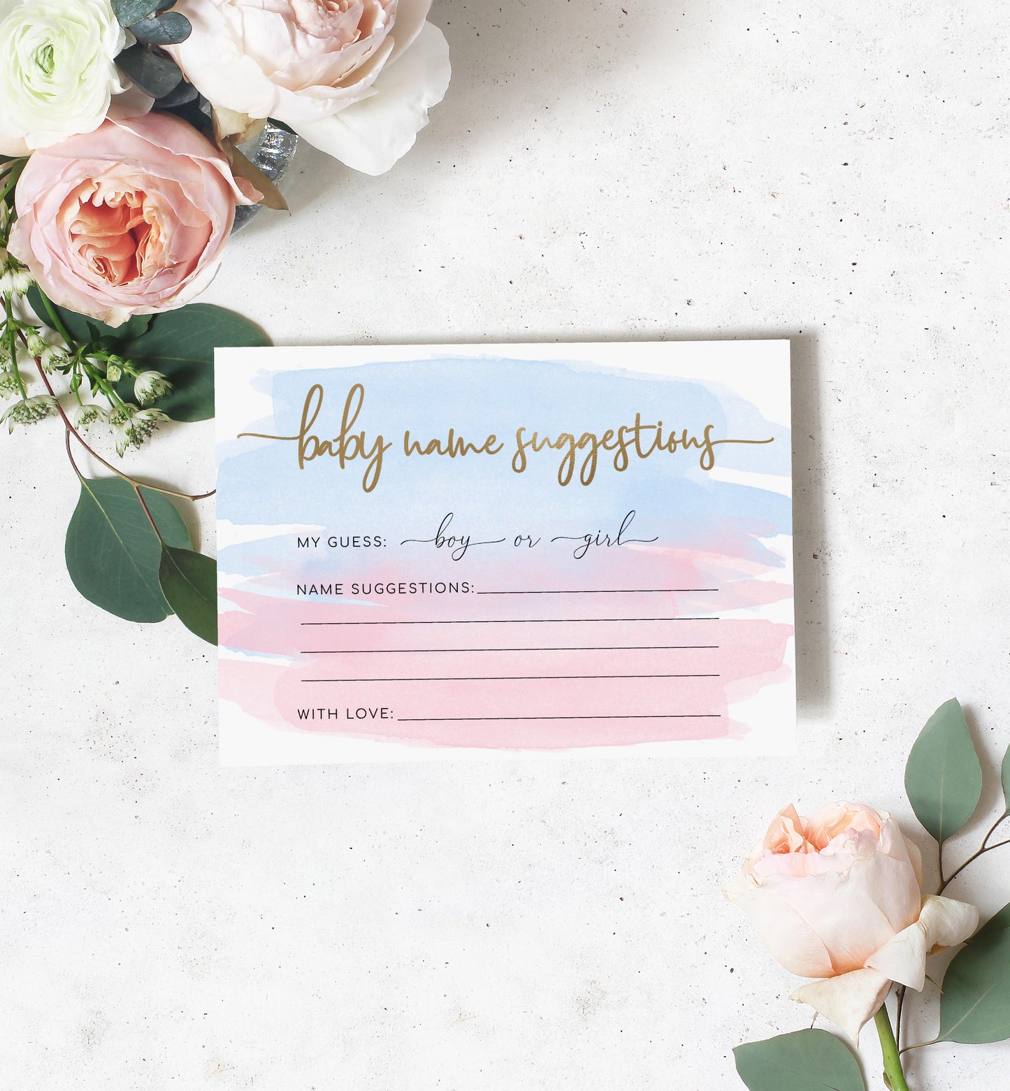 Gender Reval Party Game, Baby Name Suggestions Game Card and Sign, Pink and Blue Watercolour Baby Name Ideas Game, Printable Gender Reveal Baby Shower Game