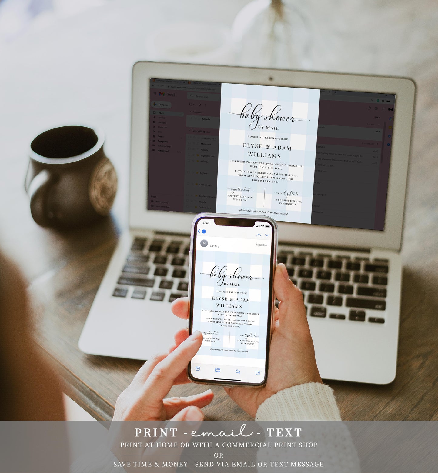 Gingham Blue | Printable Baby Shower By Mail Invitation