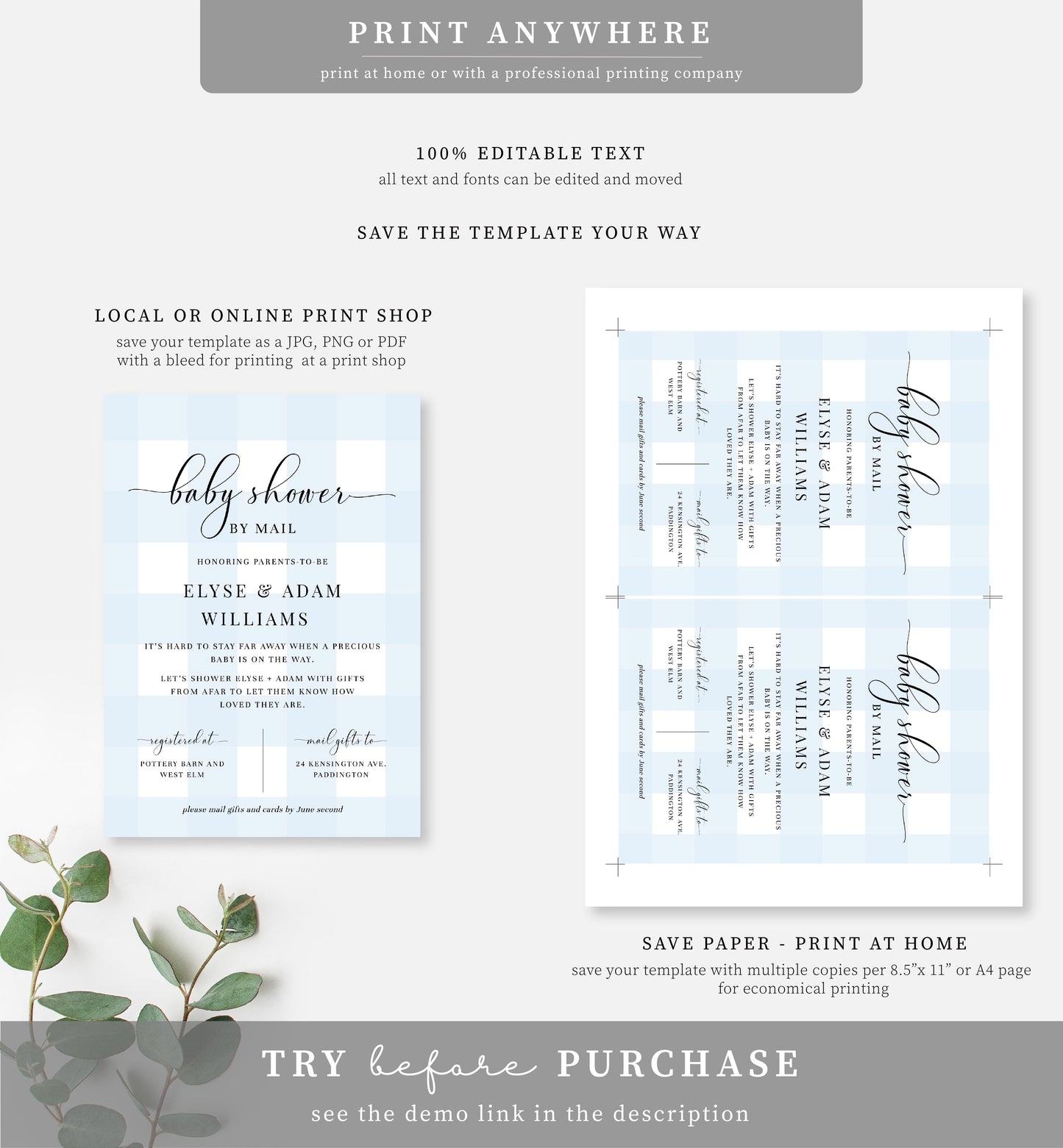 Gingham Blue | Printable Baby Shower By Mail Invitation