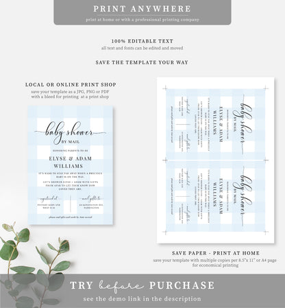 Gingham Blue | Printable Baby Shower By Mail Invitation