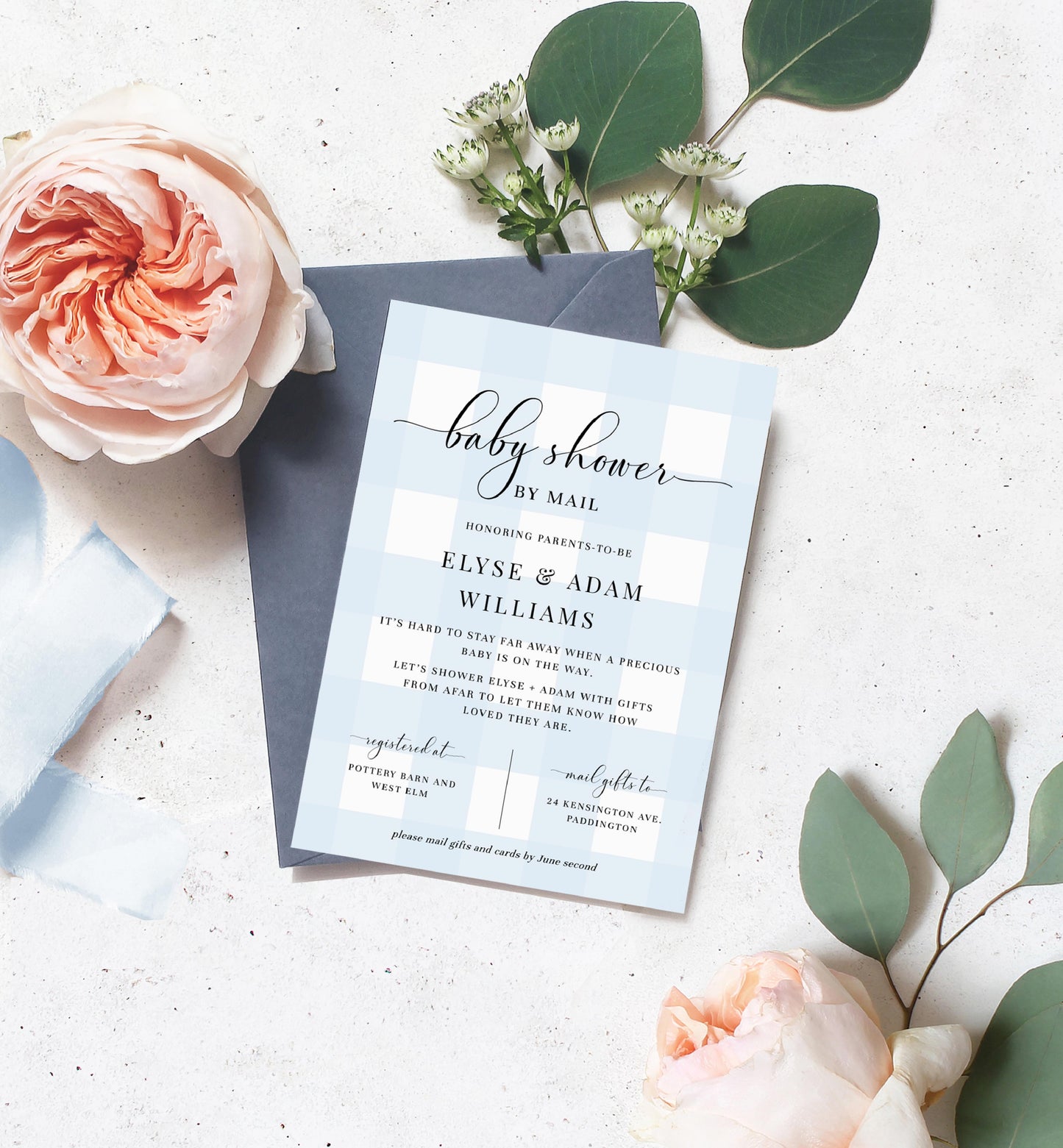 Gingham Blue | Printable Baby Shower By Mail Invitation
