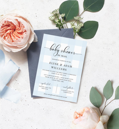 Gingham Blue | Printable Baby Shower By Mail Invitation