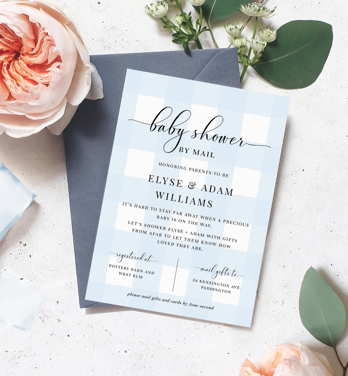 Gingham Blue | Printable Baby Shower By Mail Invitation