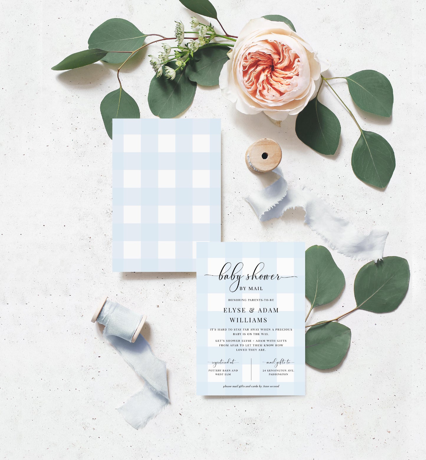Gingham Blue | Printable Baby Shower By Mail Invitation