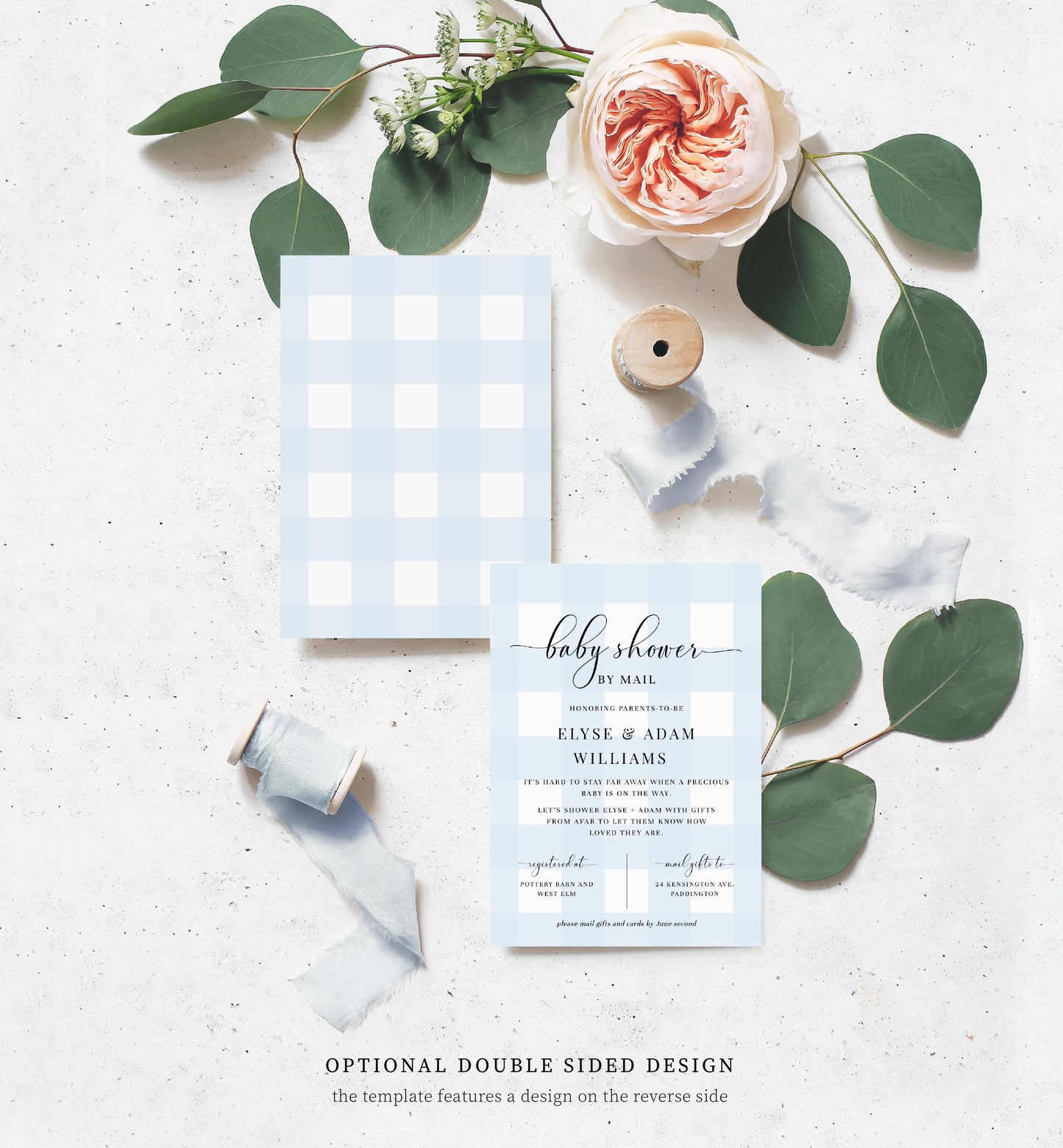 Gingham Blue | Printable Baby Shower By Mail Invitation