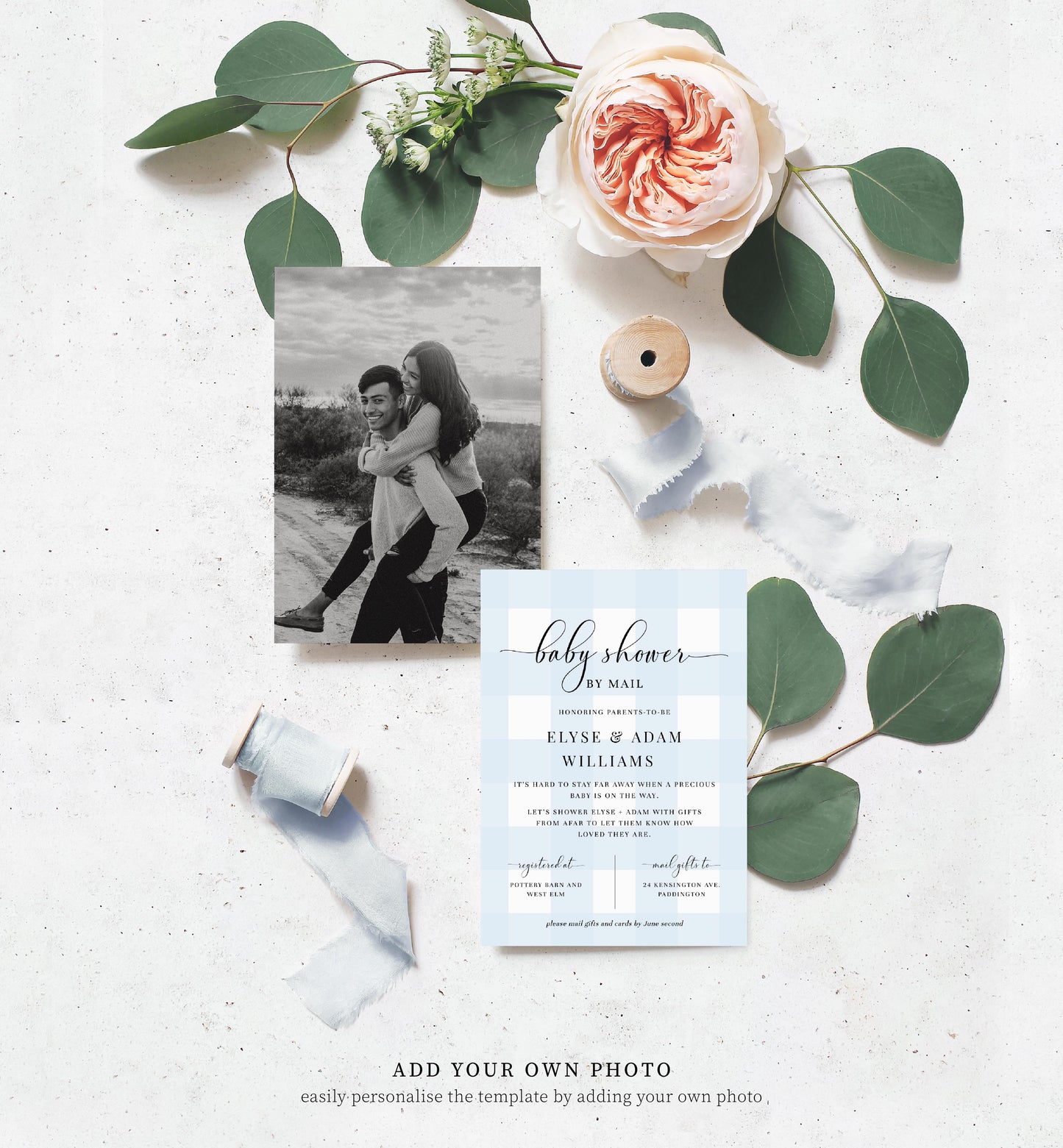 Gingham Blue | Printable Baby Shower By Mail Invitation