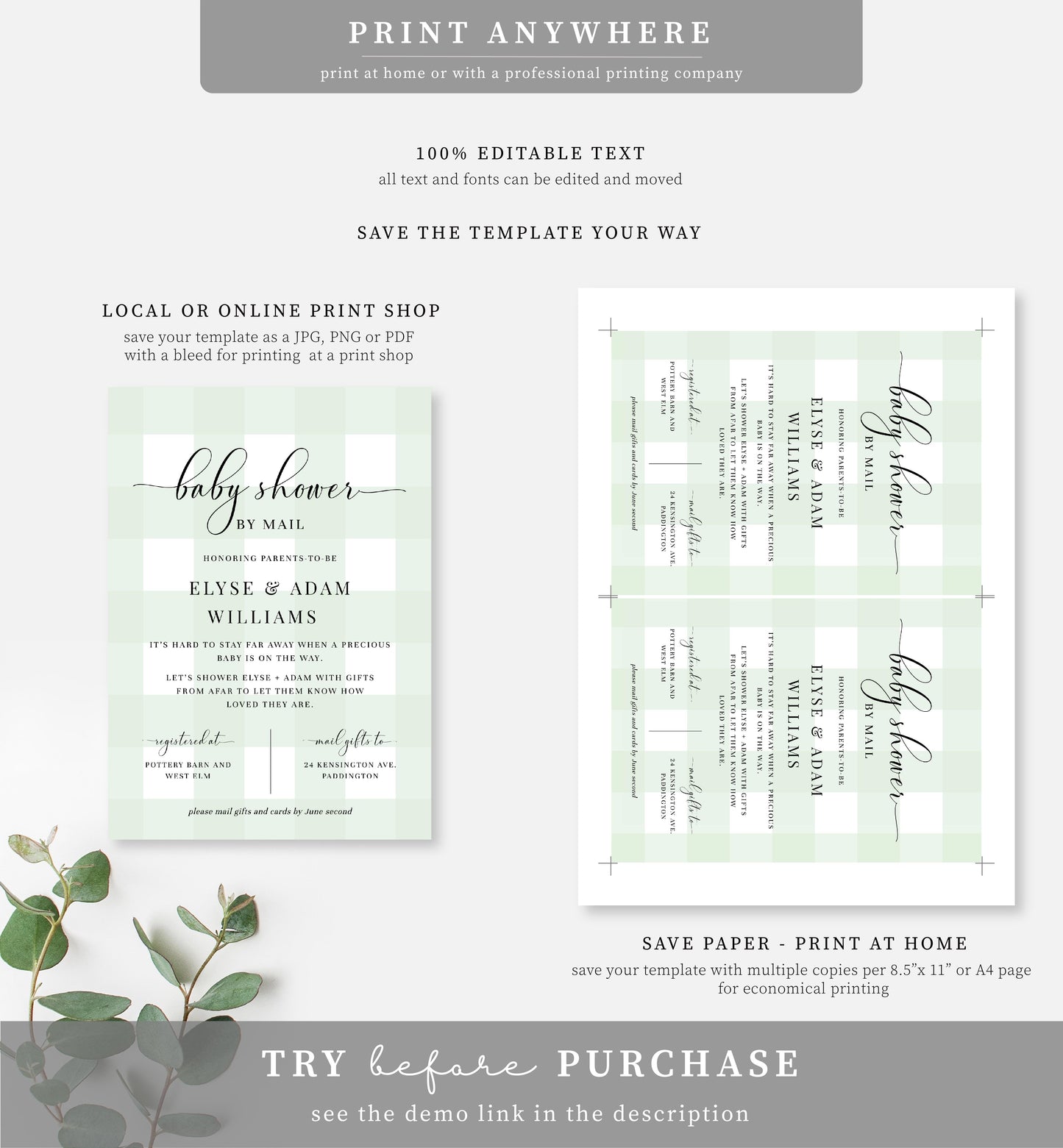 Gingham Green | Printable Baby Shower By Mail Invitation