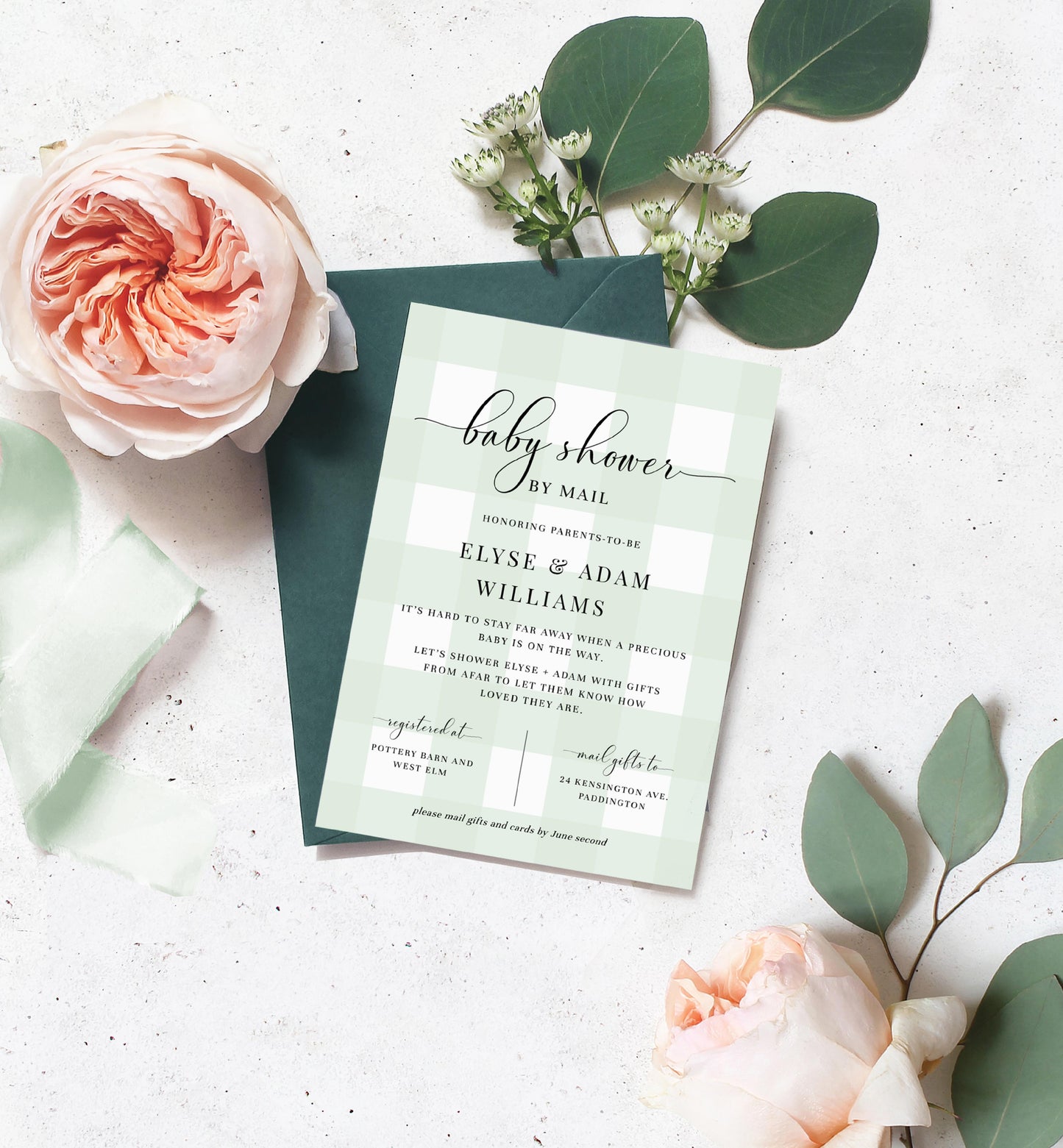 Gingham Green | Printable Baby Shower By Mail Invitation