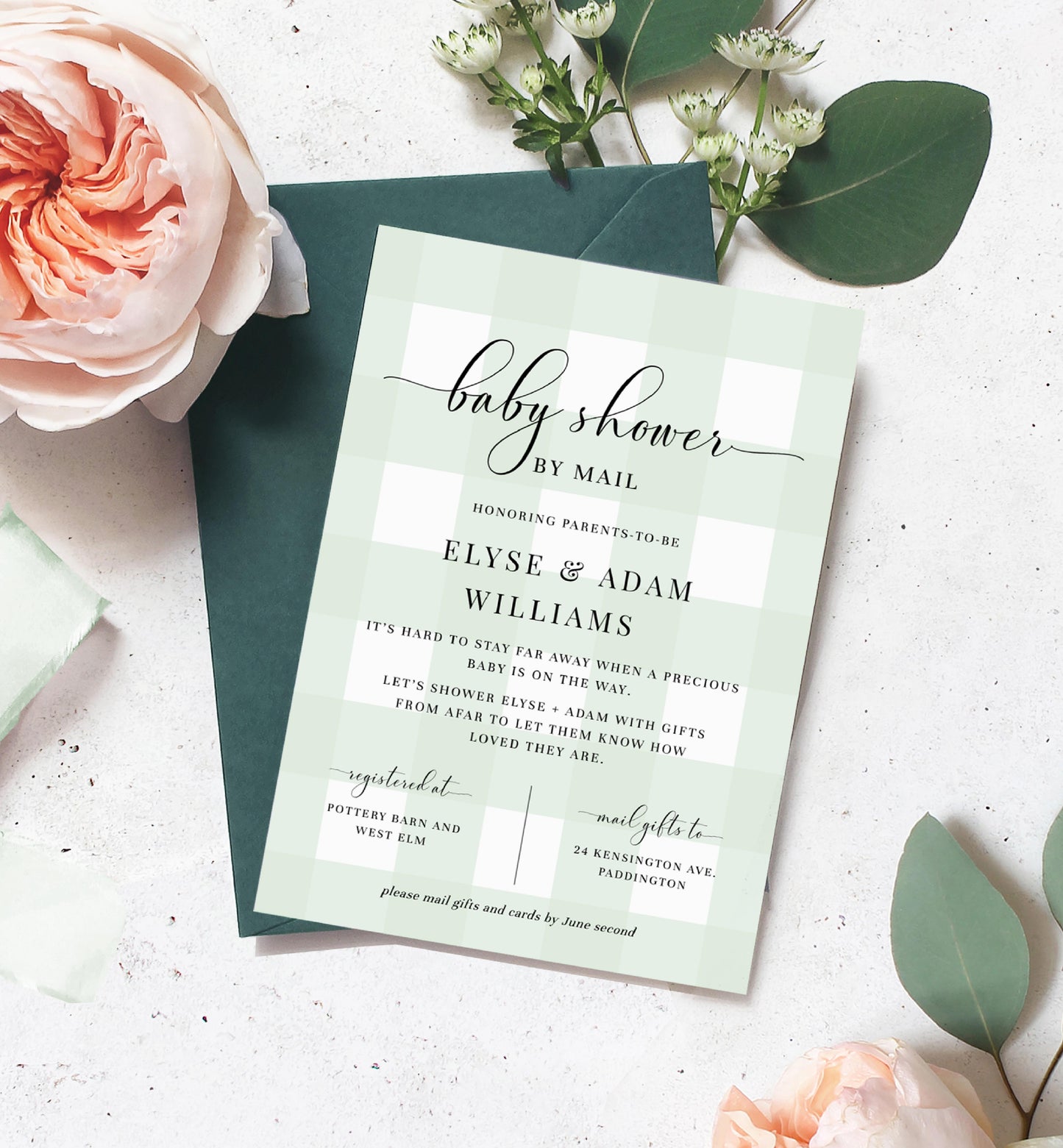 Gingham Green | Printable Baby Shower By Mail Invitation