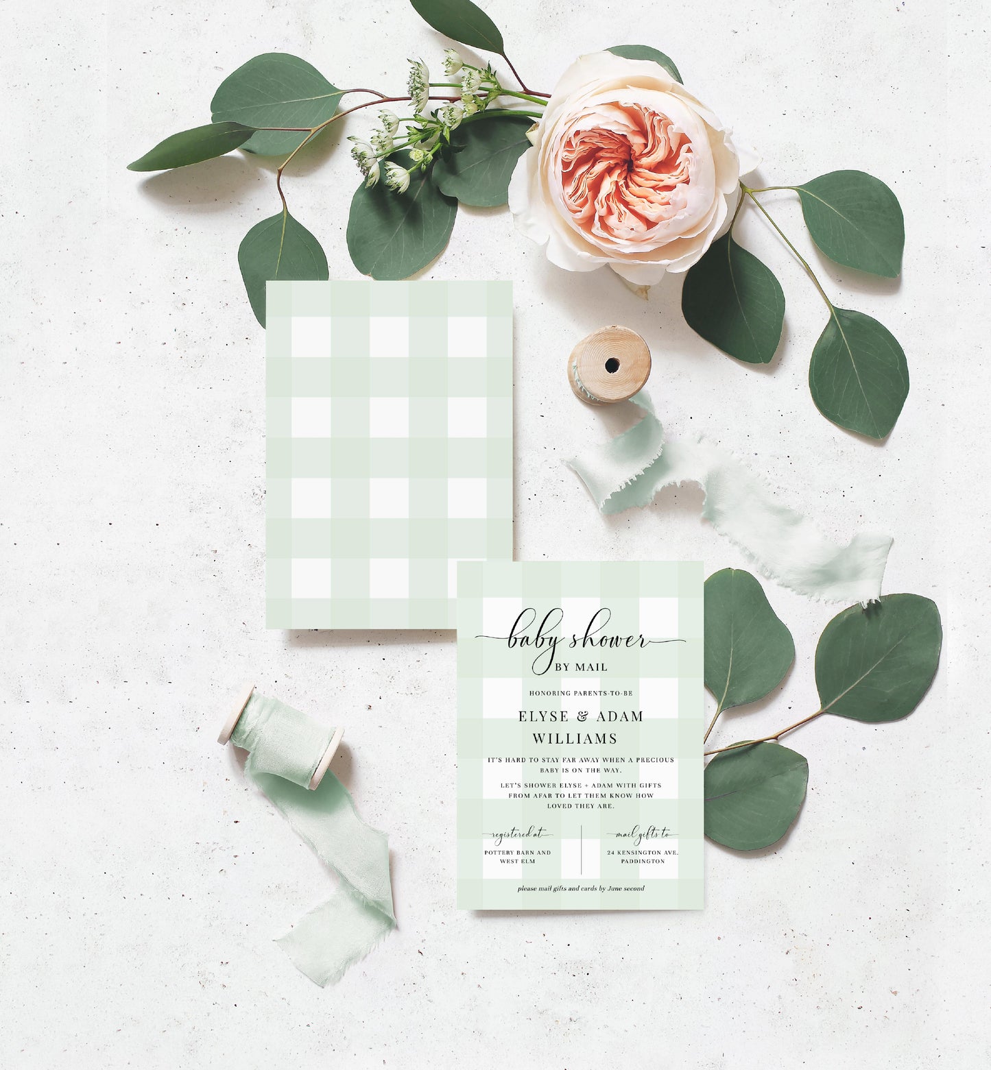 Gingham Green | Printable Baby Shower By Mail Invitation