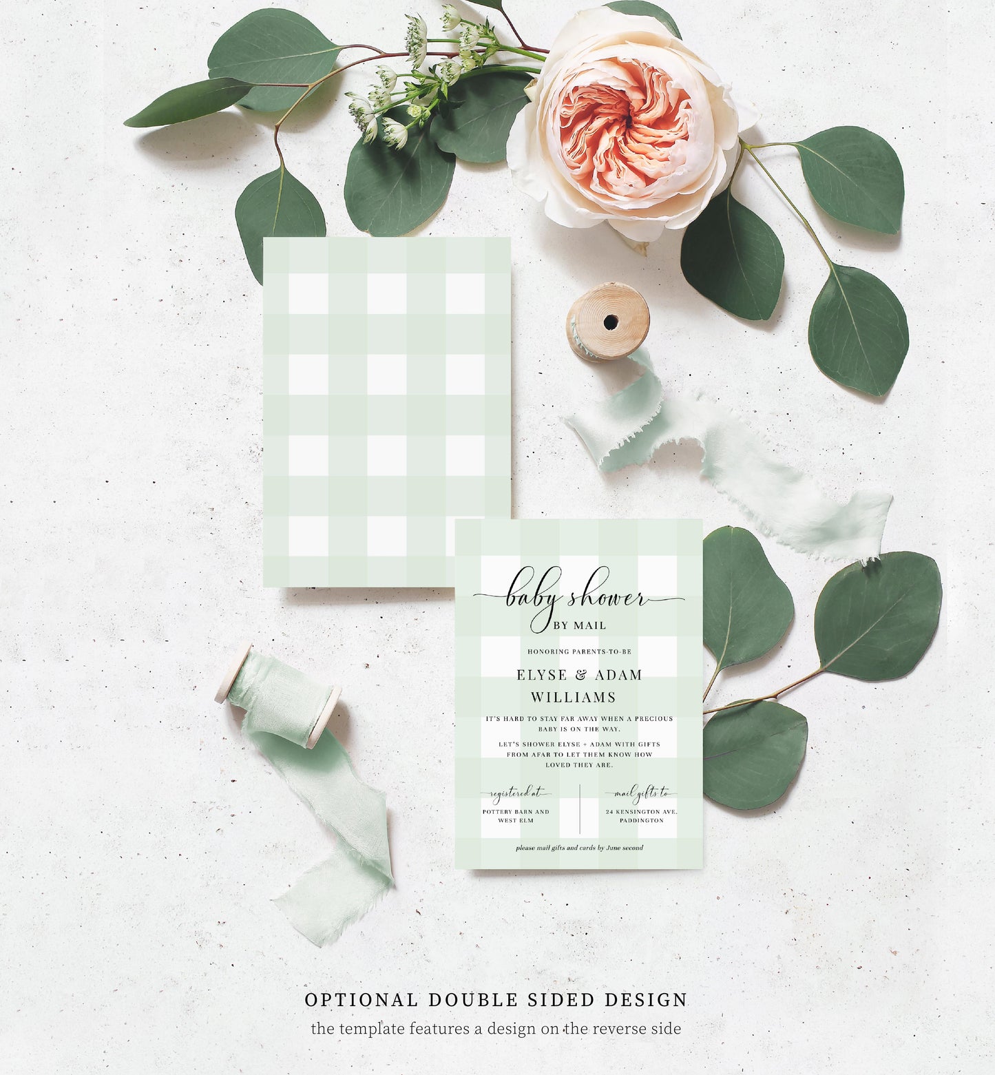 Gingham Green | Printable Baby Shower By Mail Invitation