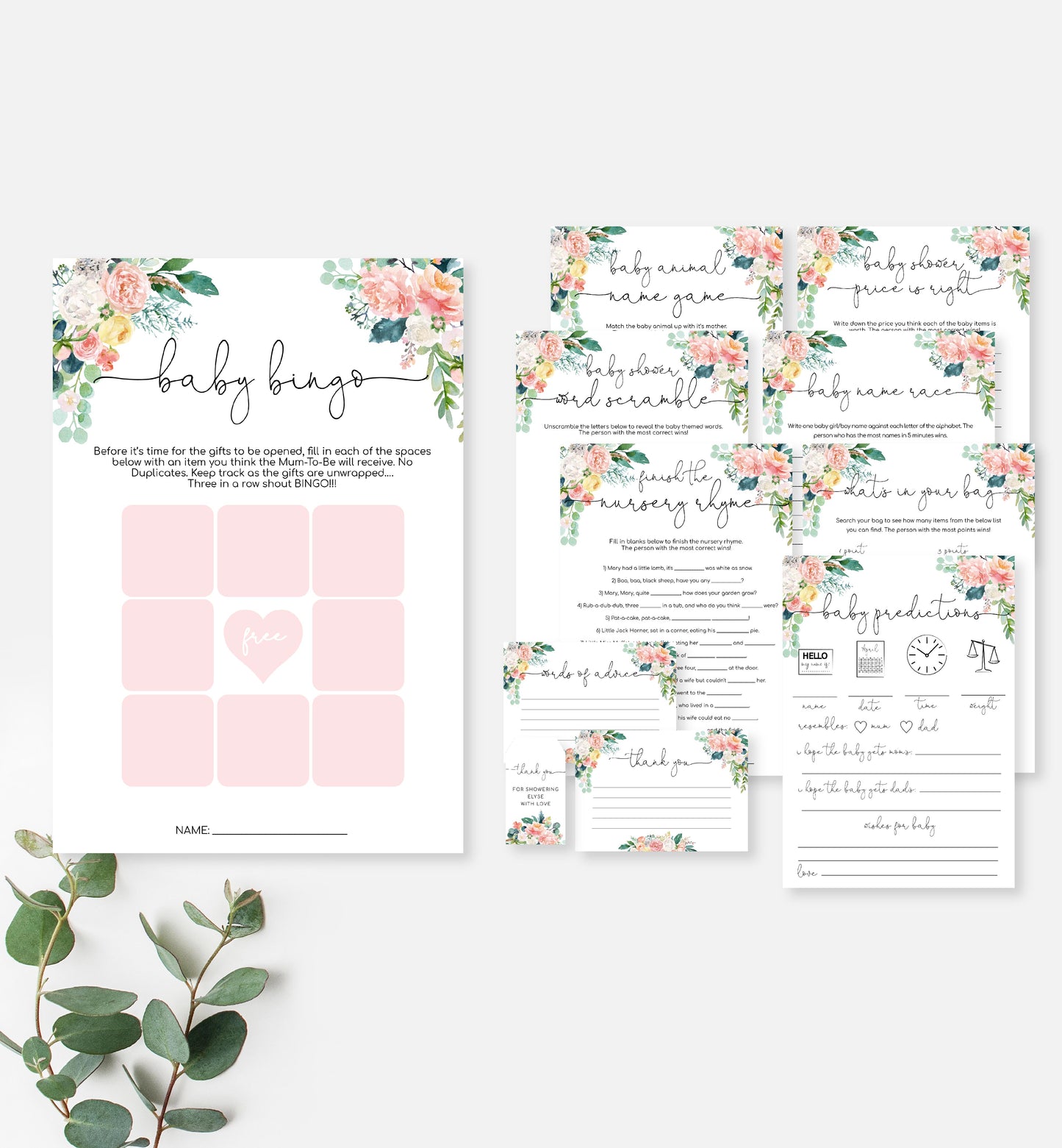 Afternoon Blooms | Printable Baby Shower Games Bundle Template - Black Bow Studio