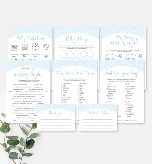 Stripe Blue | Printable Baby Shower Games Bundle - Black Bow Studio