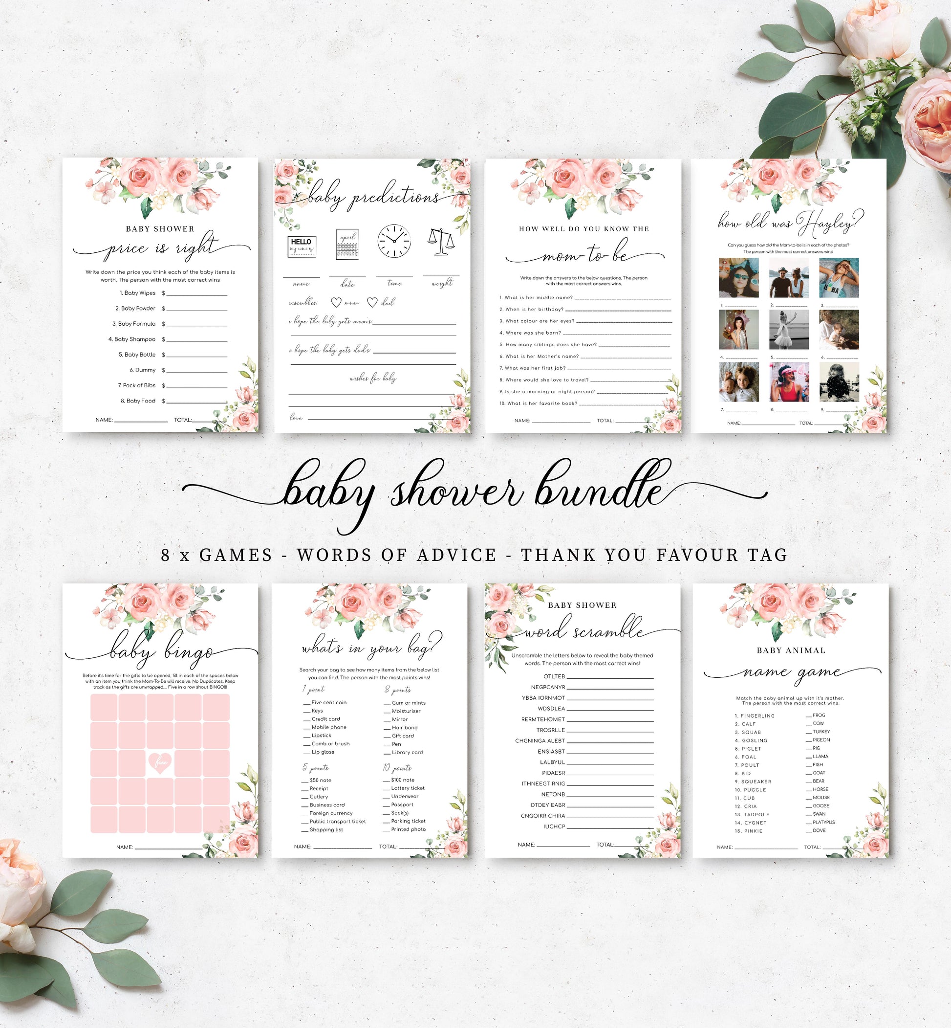 Printable Editable Baby Shower Games Bundle - Blush Floral Words of Advice and Family Traditions - Darcy Floral - Girl Baby Shower