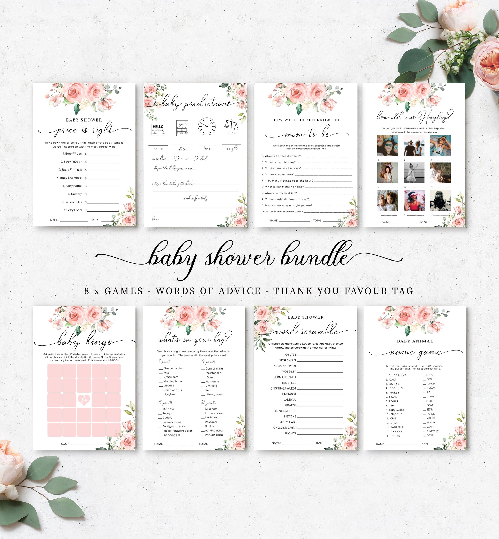 Baby Shower Games Bundle, 5-in-1 Blue Floral Design, Trivia, Predictions, Scramble and Wishes Cards Baby Shower Games Bundle, 5-in-1 Blue Floral Design, Trivia, Predictions, Scramble and Wishes Cards