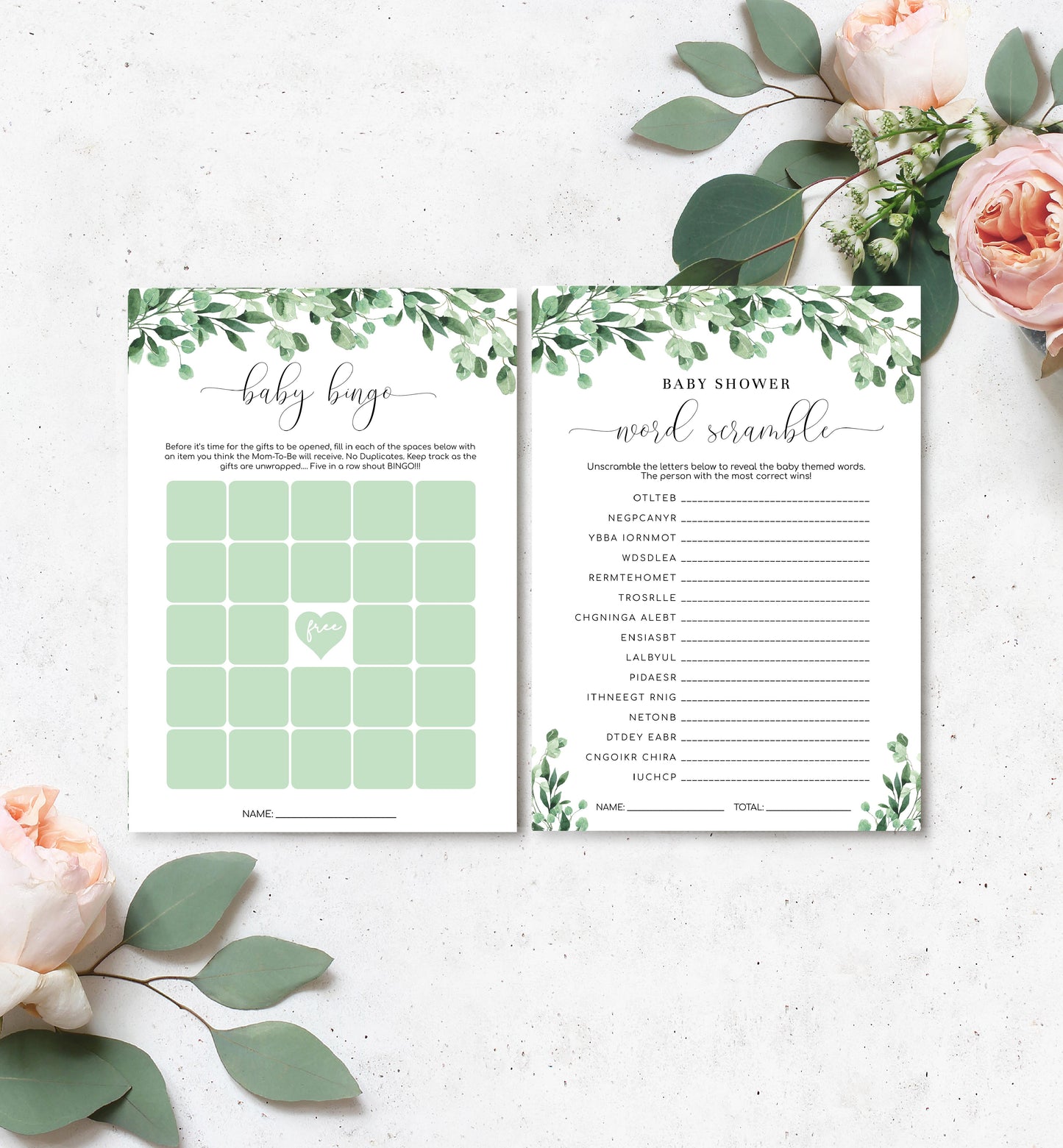 Everly Greenery | Printable Baby Shower Games Bundle