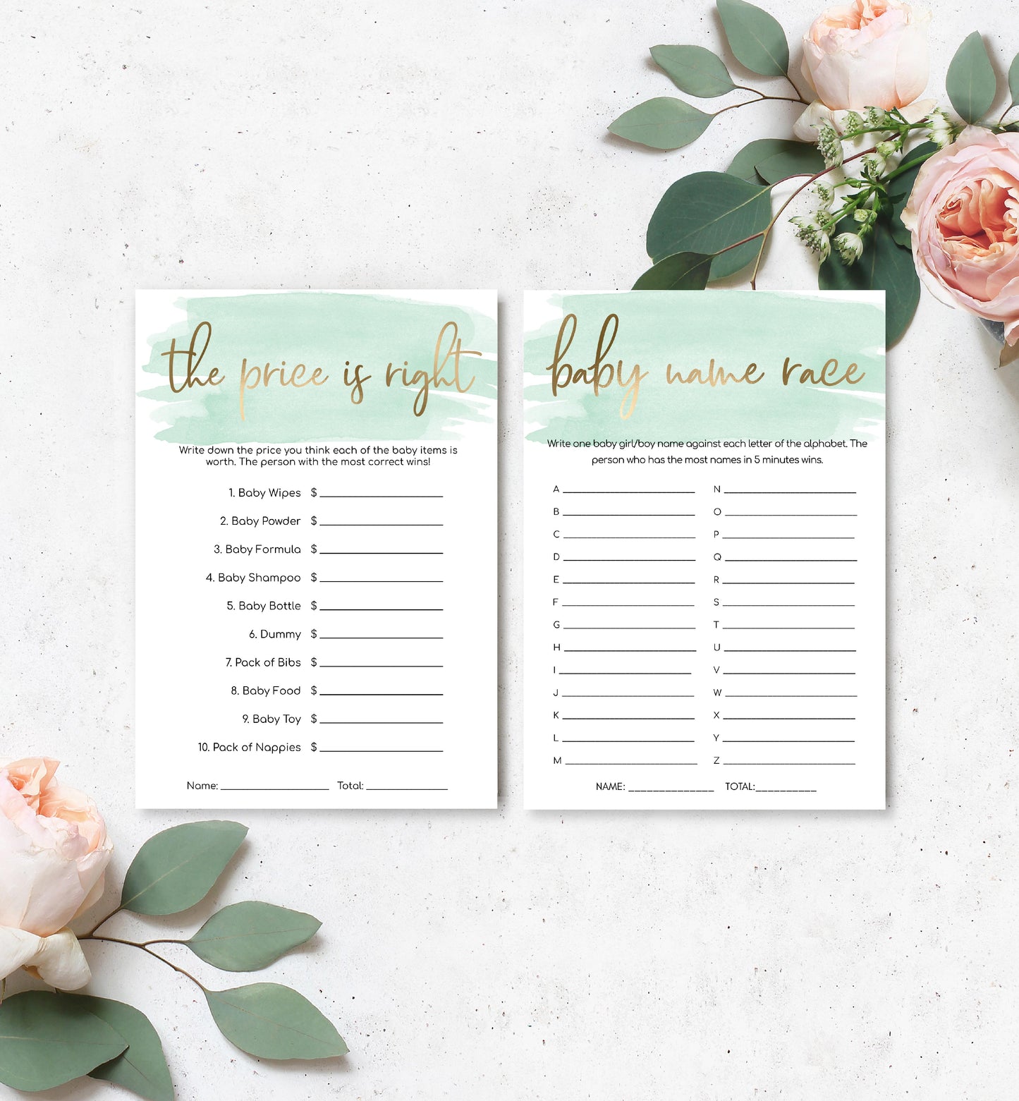 Watercolour Green | Printable Baby Shower Games Bundle