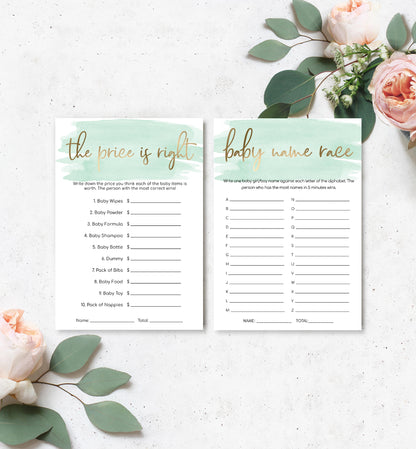 Watercolour Green | Printable Baby Shower Games Bundle