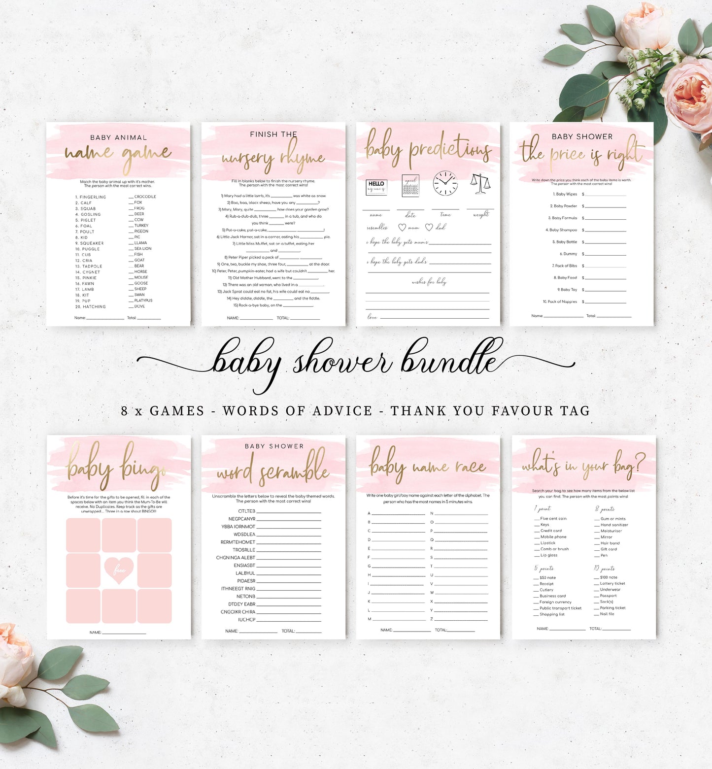 Watercolour Pink | Printable Baby Shower Games Bundle