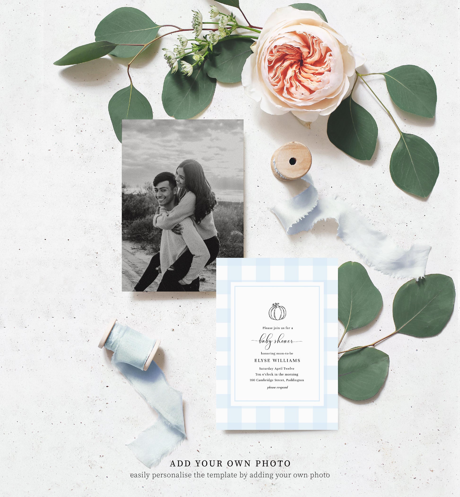 Blue Gingham Pumpkin Baby Shower Invitation, Book Request, Fall Pumpkin Baby Boy Blue Gingham Picnic Baby Shower Invitation