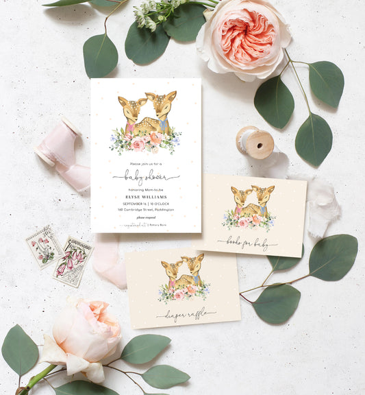 Oh Deer Champagne | Twins Baby Shower Invitation Suite - Black Bow Studio