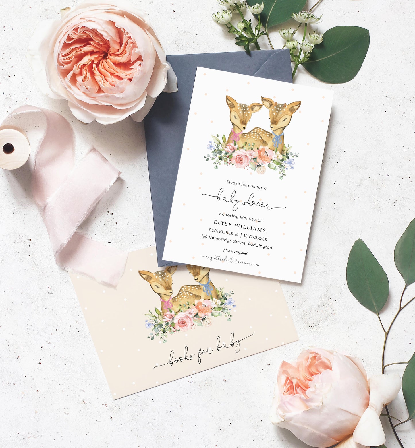 Oh Deer Champagne | Twins Baby Shower Invitation Suite - Black Bow Studio
