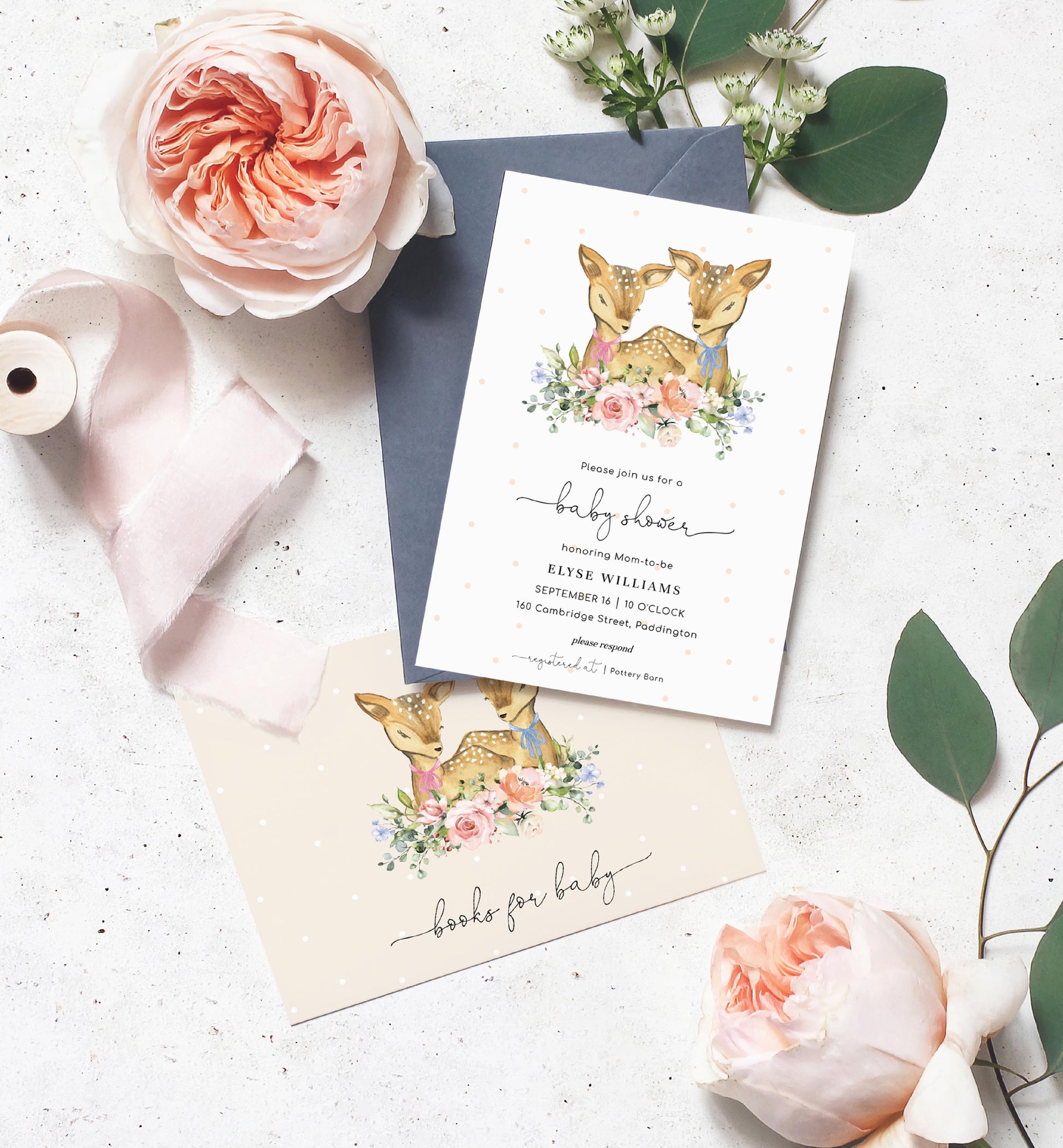 Oh Deer Champagne | Twins Baby Shower Invitation Suite - Black Bow Studio
