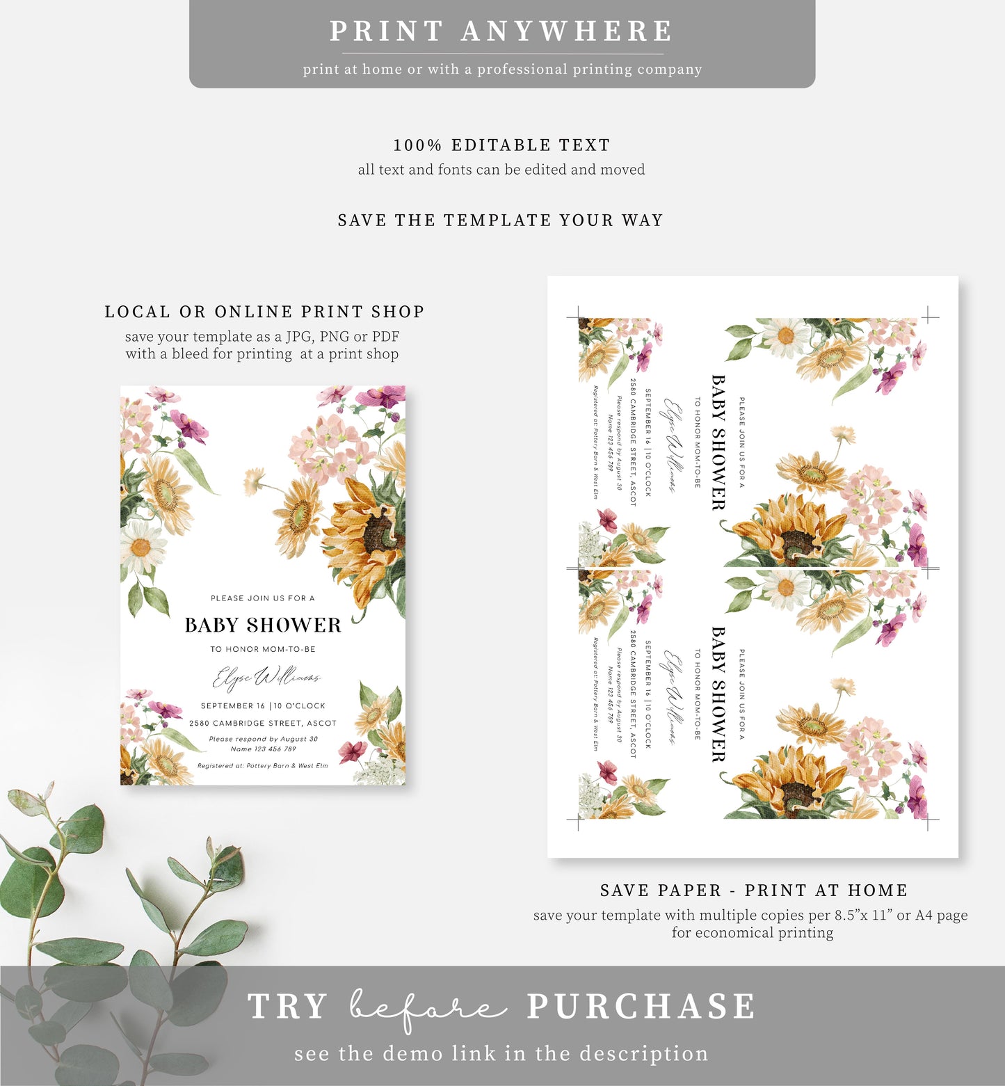 Mews Floral White | Printable Baby Shower Invitation