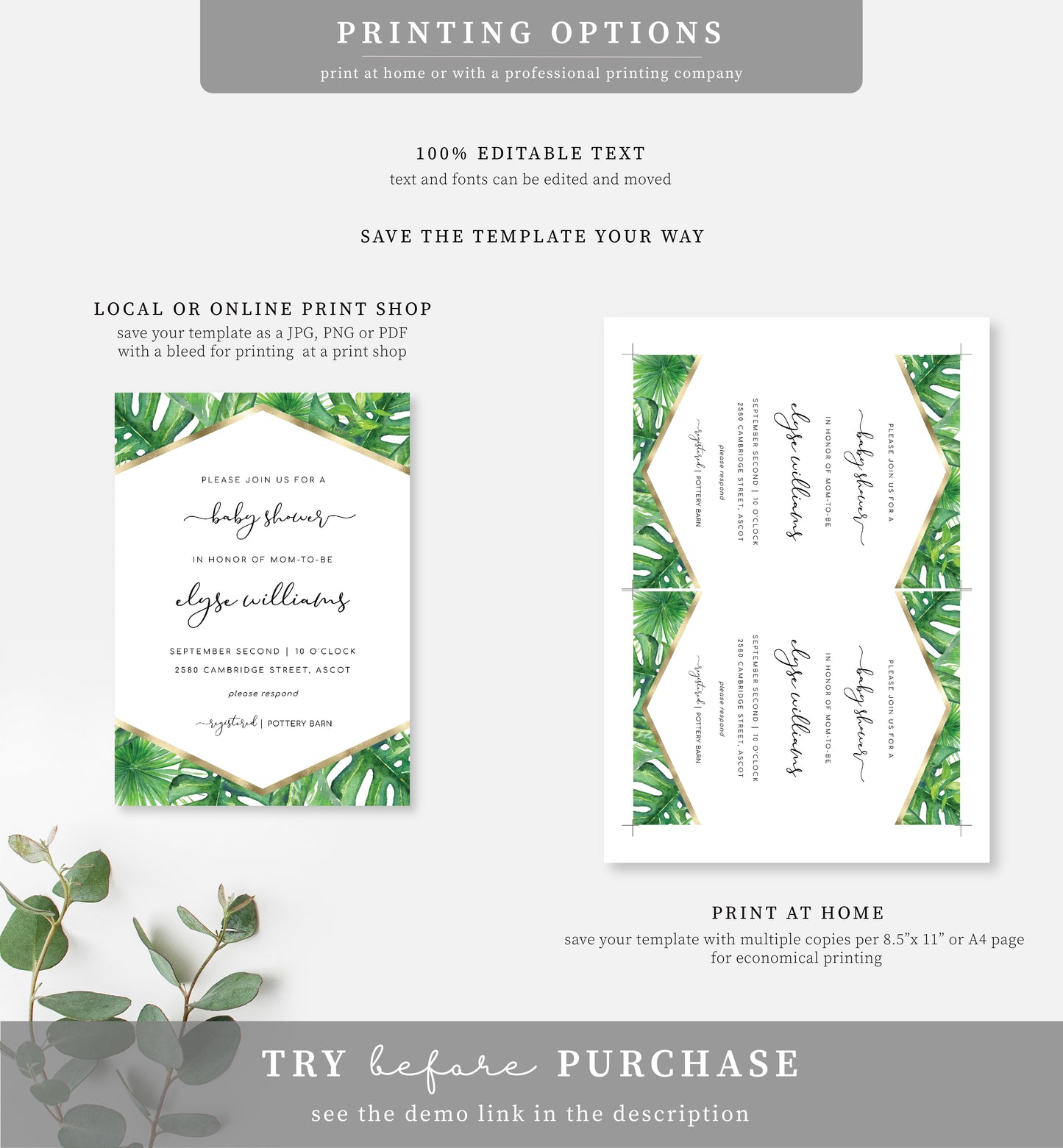 Aloha Palm Green | Printable Baby Shower Invitation Suite Template