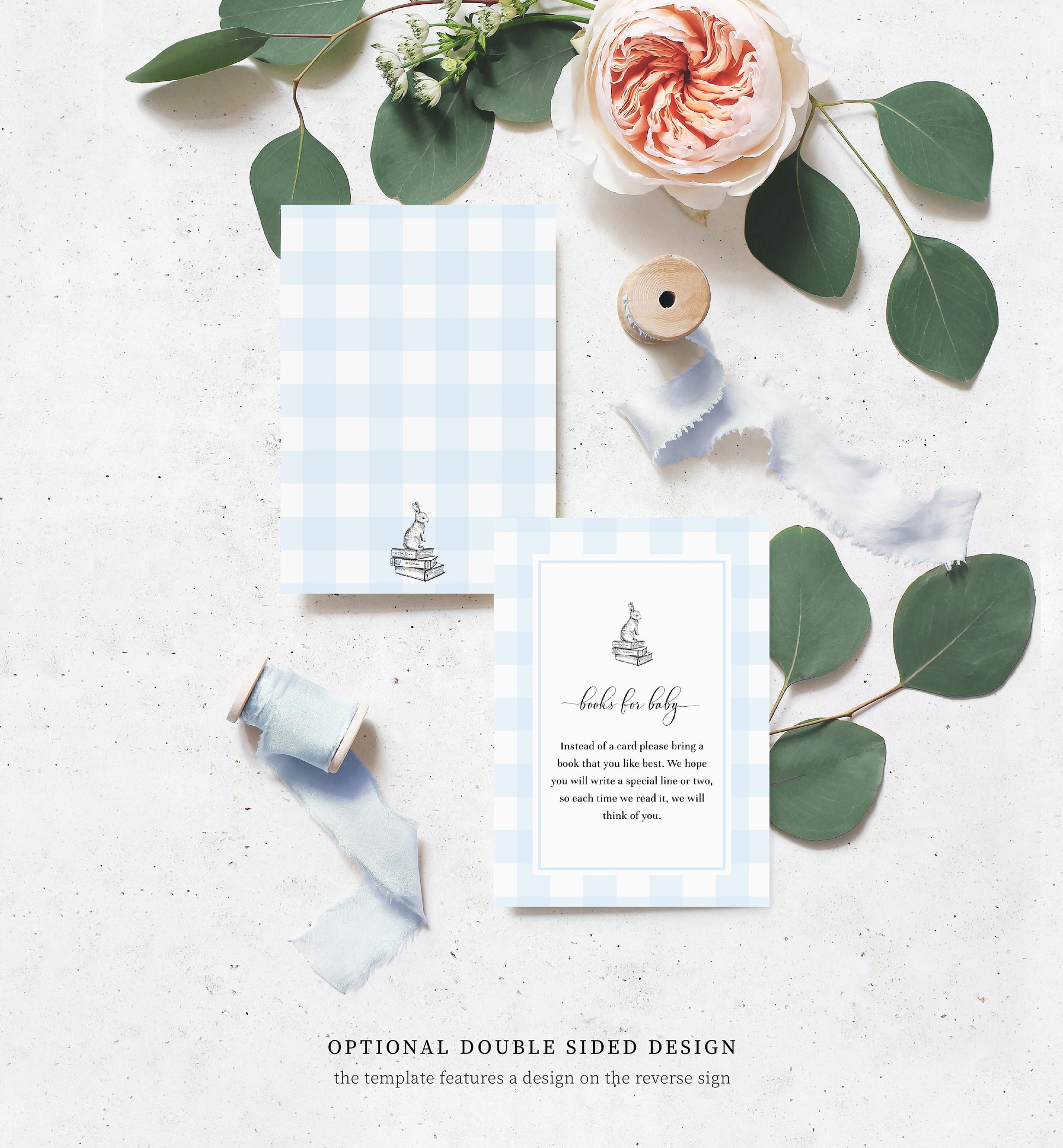 Gingham Blue Bunny | Printable Baby Shower Invitation Suite Template - Black Bow Studio