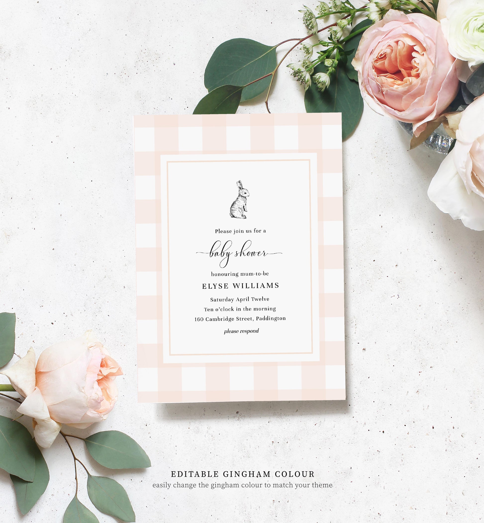 Gingham Blue Bunny | Printable Baby Shower Invitation Suite Template - Black Bow Studio