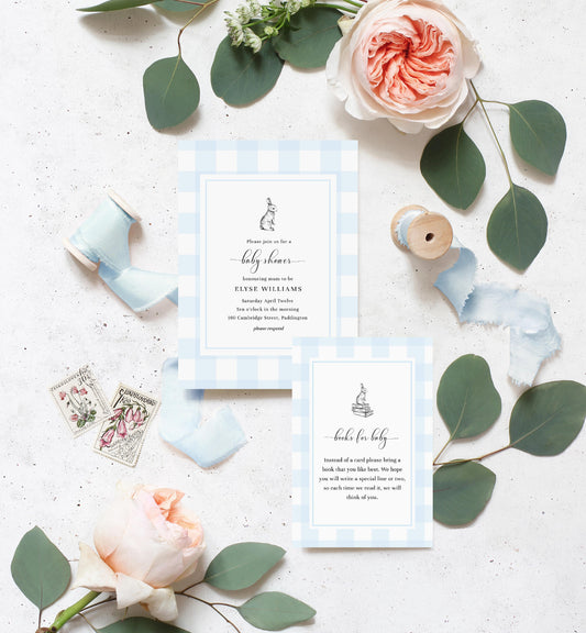 Gingham Blue Bunny | Printable Baby Shower Invitation Suite Template - Black Bow Studio