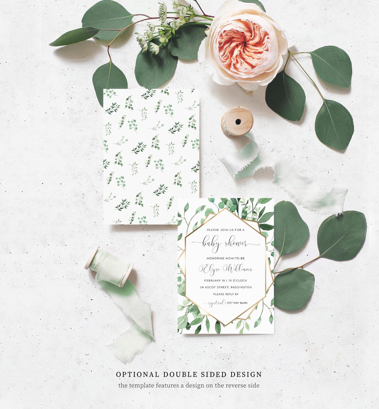 Everly Greenery | Printable Baby Shower Invitation Suite Template