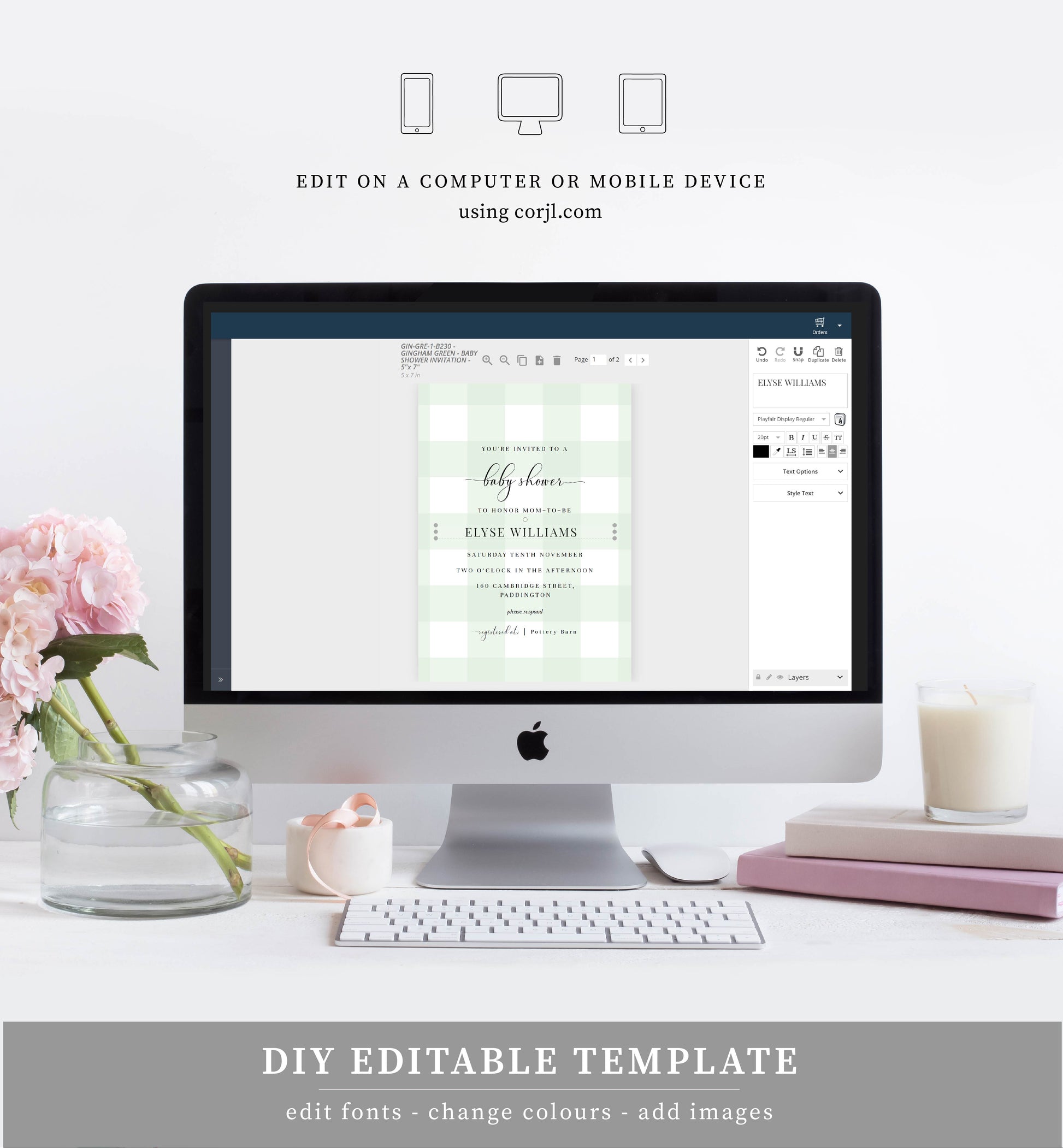 Gingham Mint Green | Printable Baby Shower Invitation Suite - Black Bow Studio