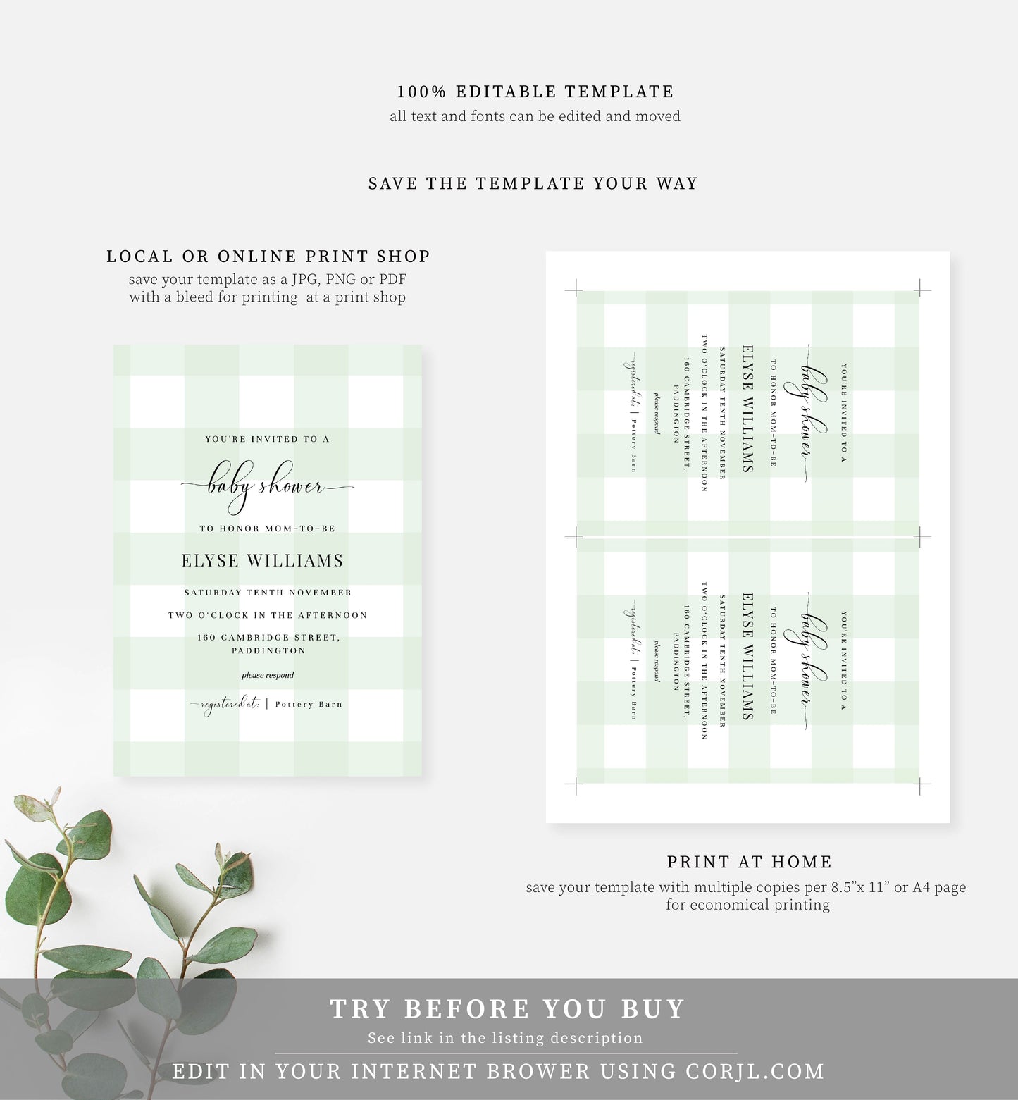 Gingham Mint Green | Printable Baby Shower Invitation Suite - Black Bow Studio