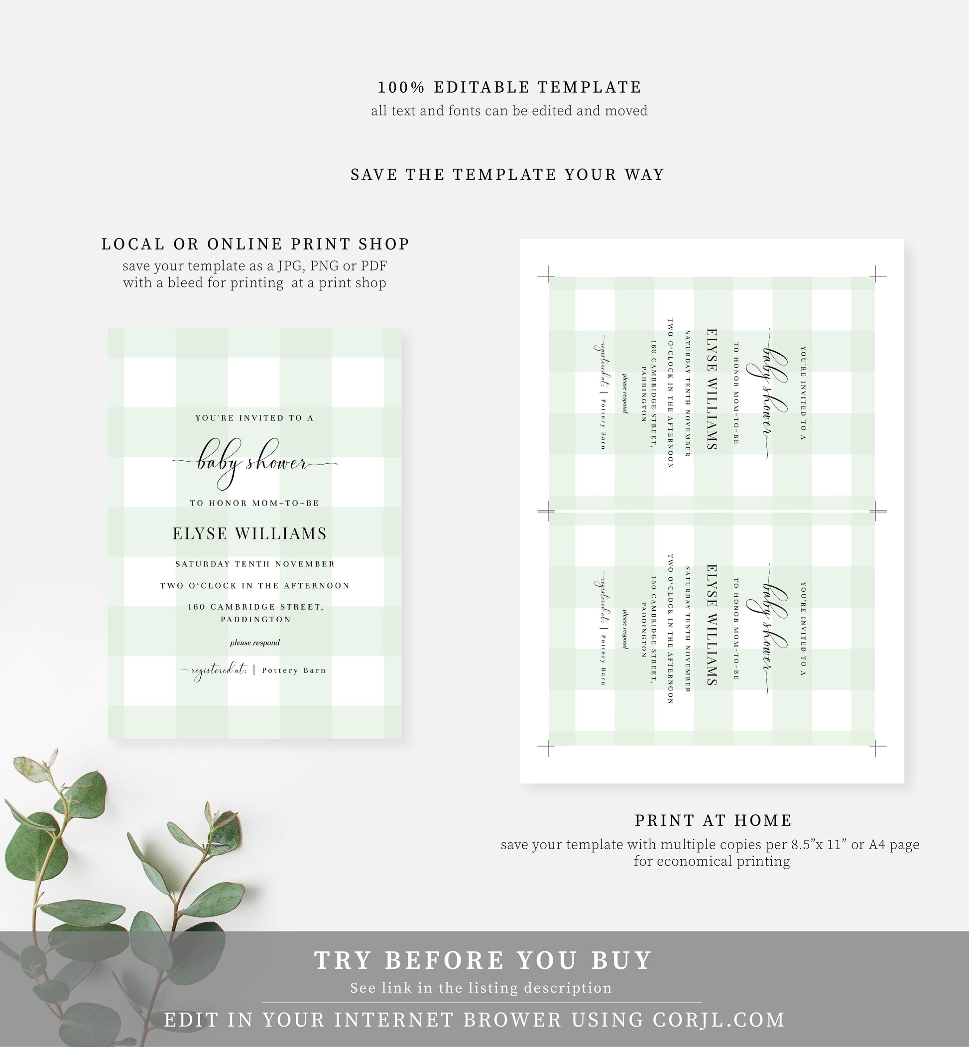 Gingham Mint Green | Printable Baby Shower Invitation Suite - Black Bow Studio