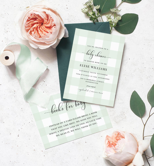 Gingham Mint Green | Printable Baby Shower Invitation Suite - Black Bow Studio