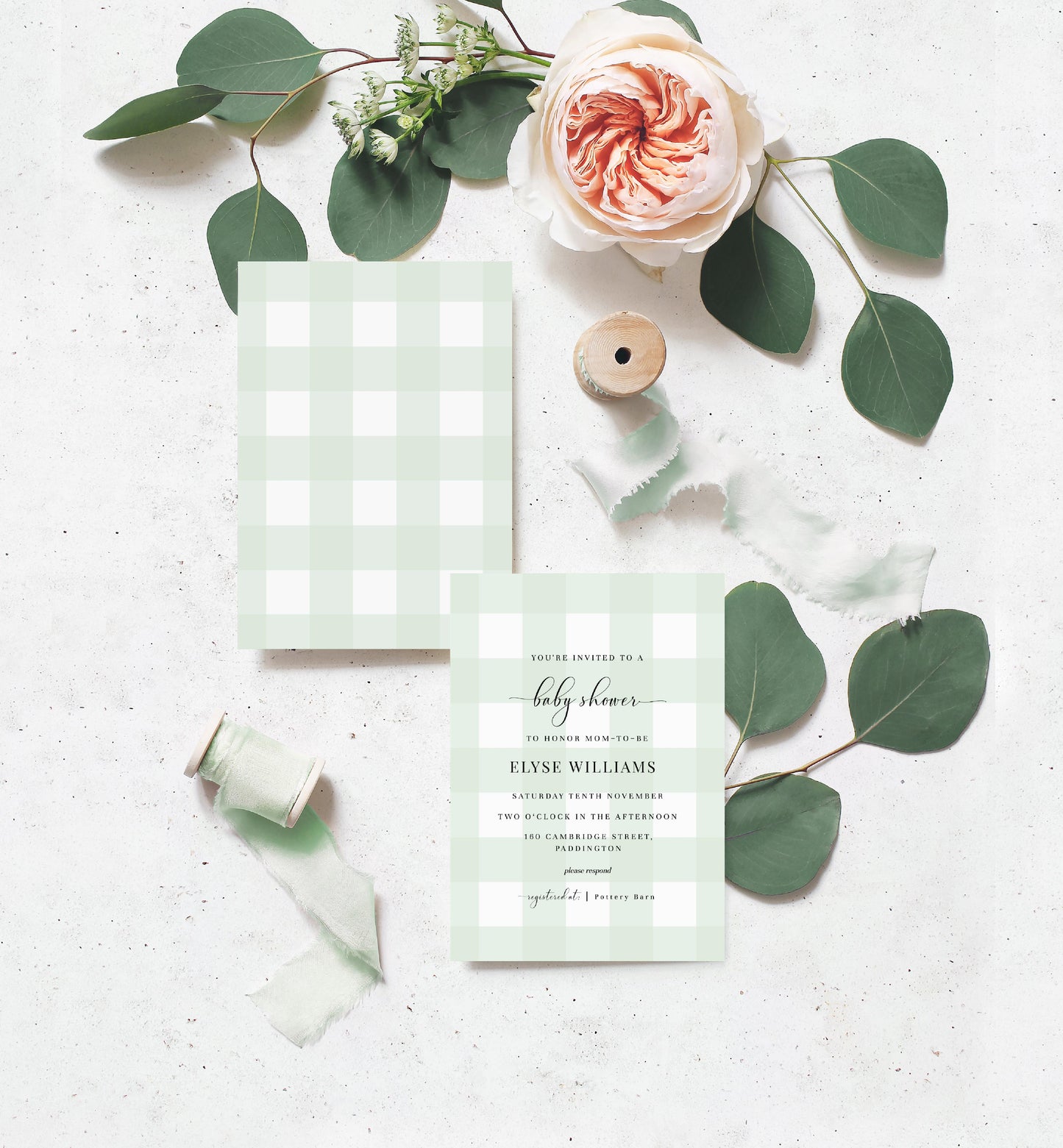 Gingham Mint Green | Printable Baby Shower Invitation Suite - Black Bow Studio