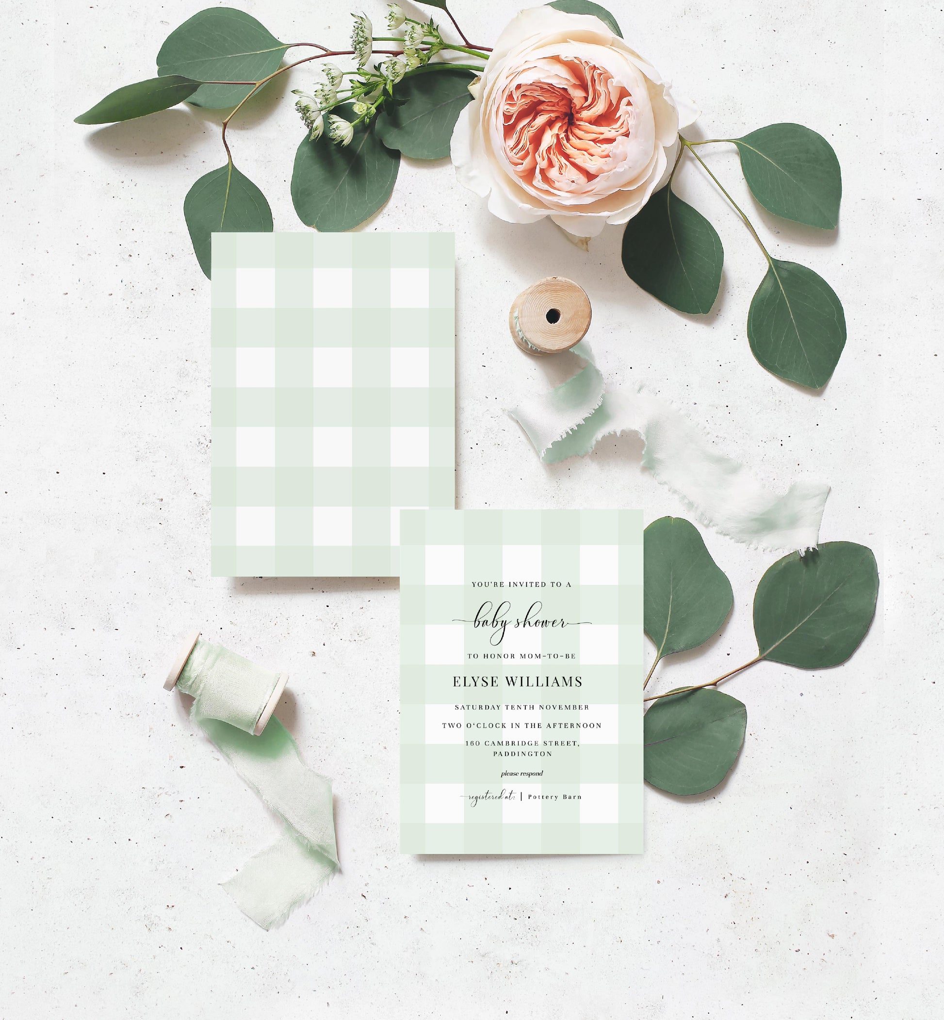 Gingham Mint Green | Printable Baby Shower Invitation Suite - Black Bow Studio