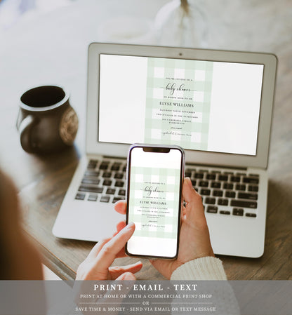 Gingham Mint Green | Printable Baby Shower Invitation Suite - Black Bow Studio