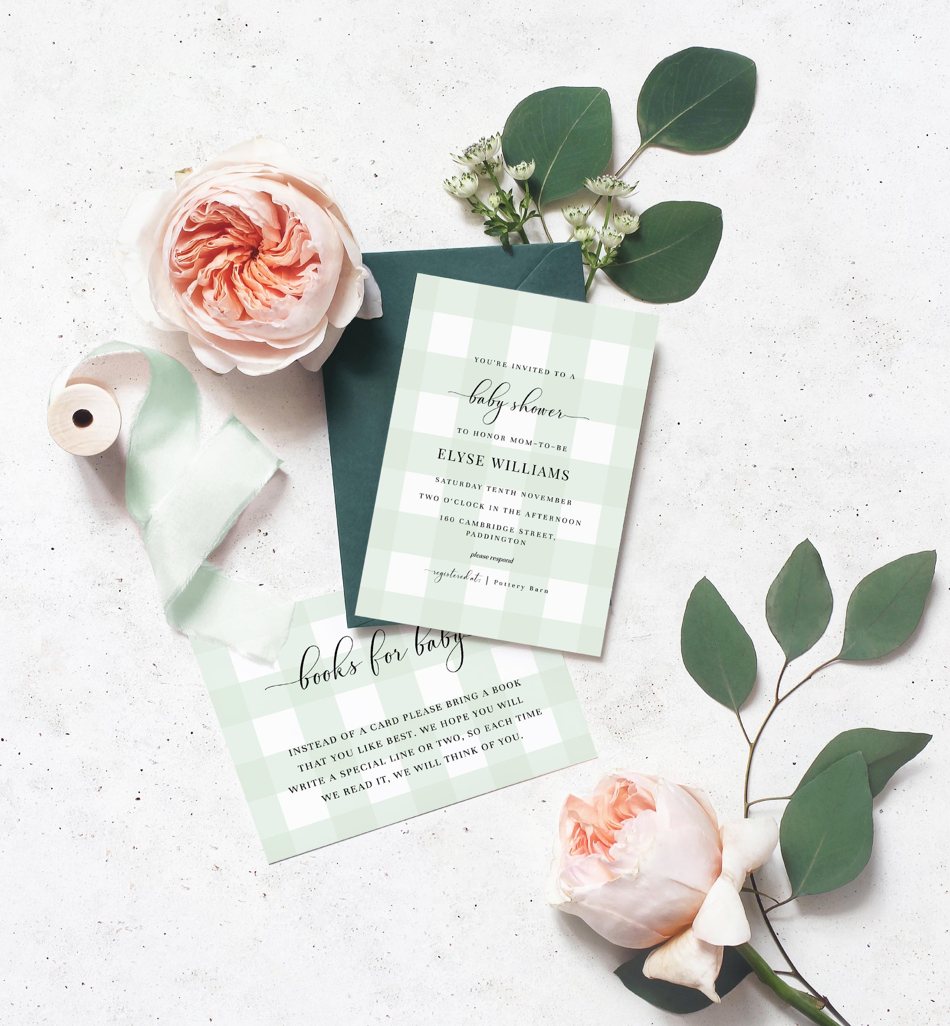 Gingham Mint Green | Printable Baby Shower Invitation Suite - Black Bow Studio