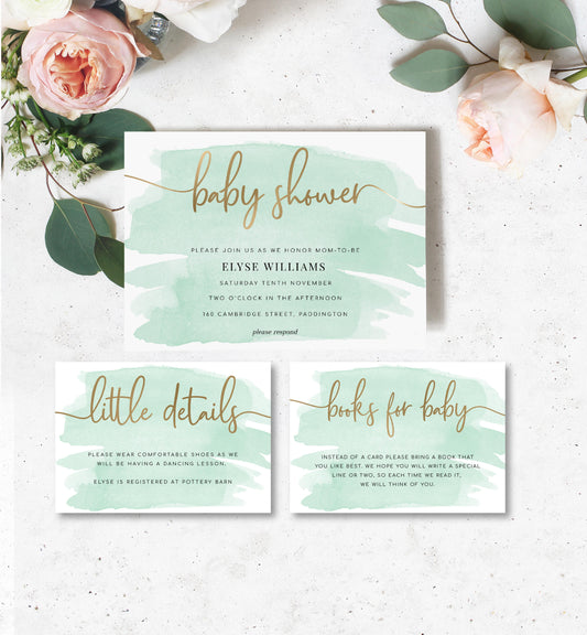 Watercolour Green | Printable Baby Shower Invitation Suite - Black Bow Studio