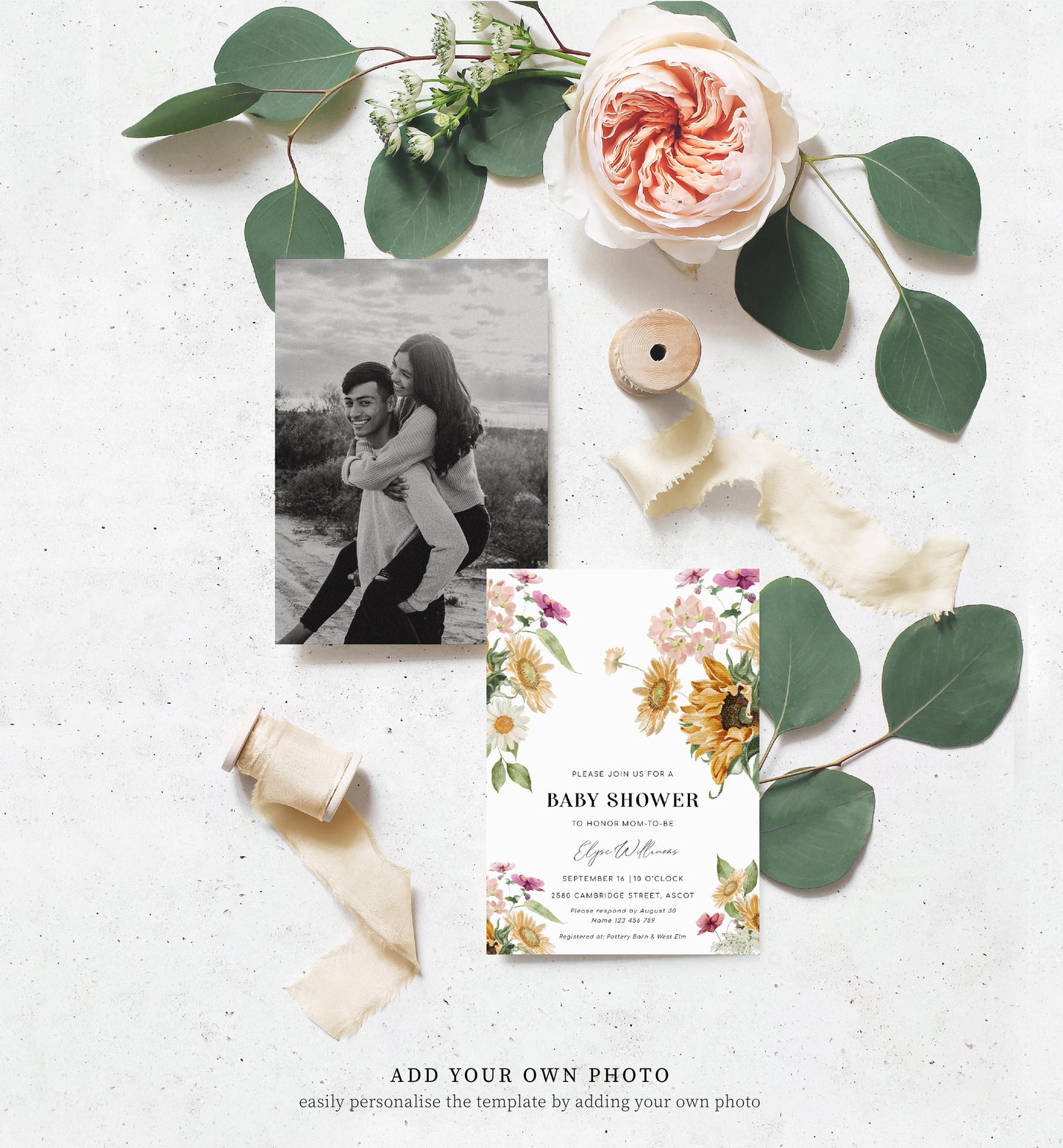 Mews Floral White | Printable Baby Shower Invitation Suite Template