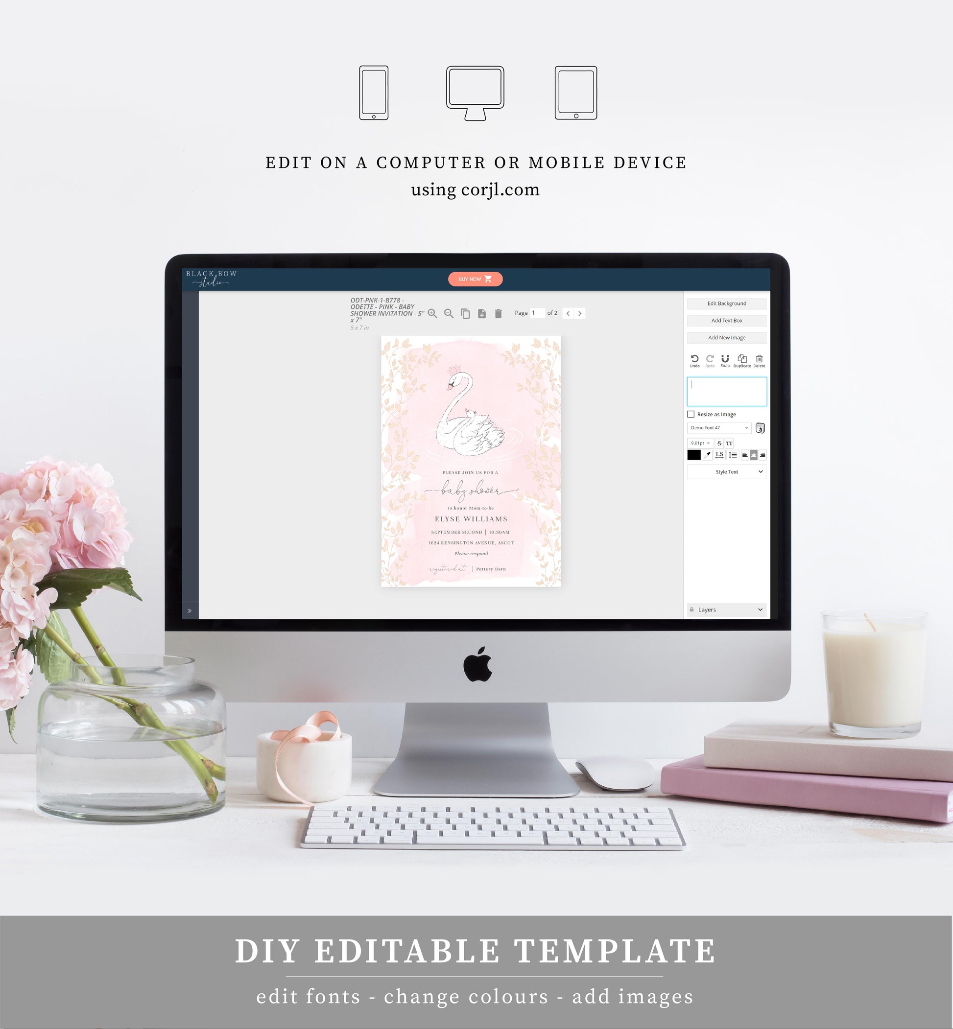 Odette Pink | Printable Baby Shower Invitation Suite - Black Bow Studio