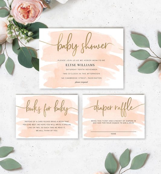 Watercolour Peach | Printable Baby Shower Invitation Suite - Black Bow Studio