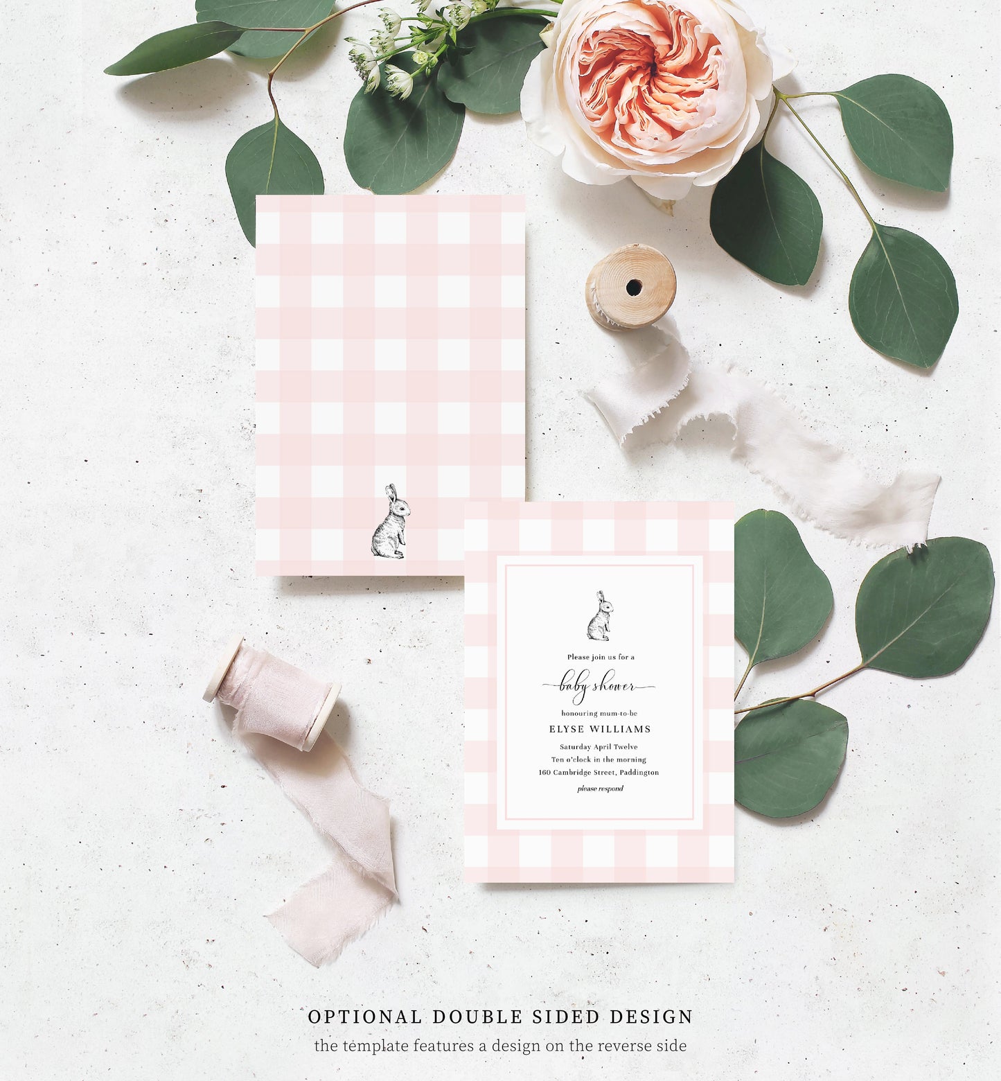 Gingham Pink Bunny | Printable Baby Shower Invitation Suite Template